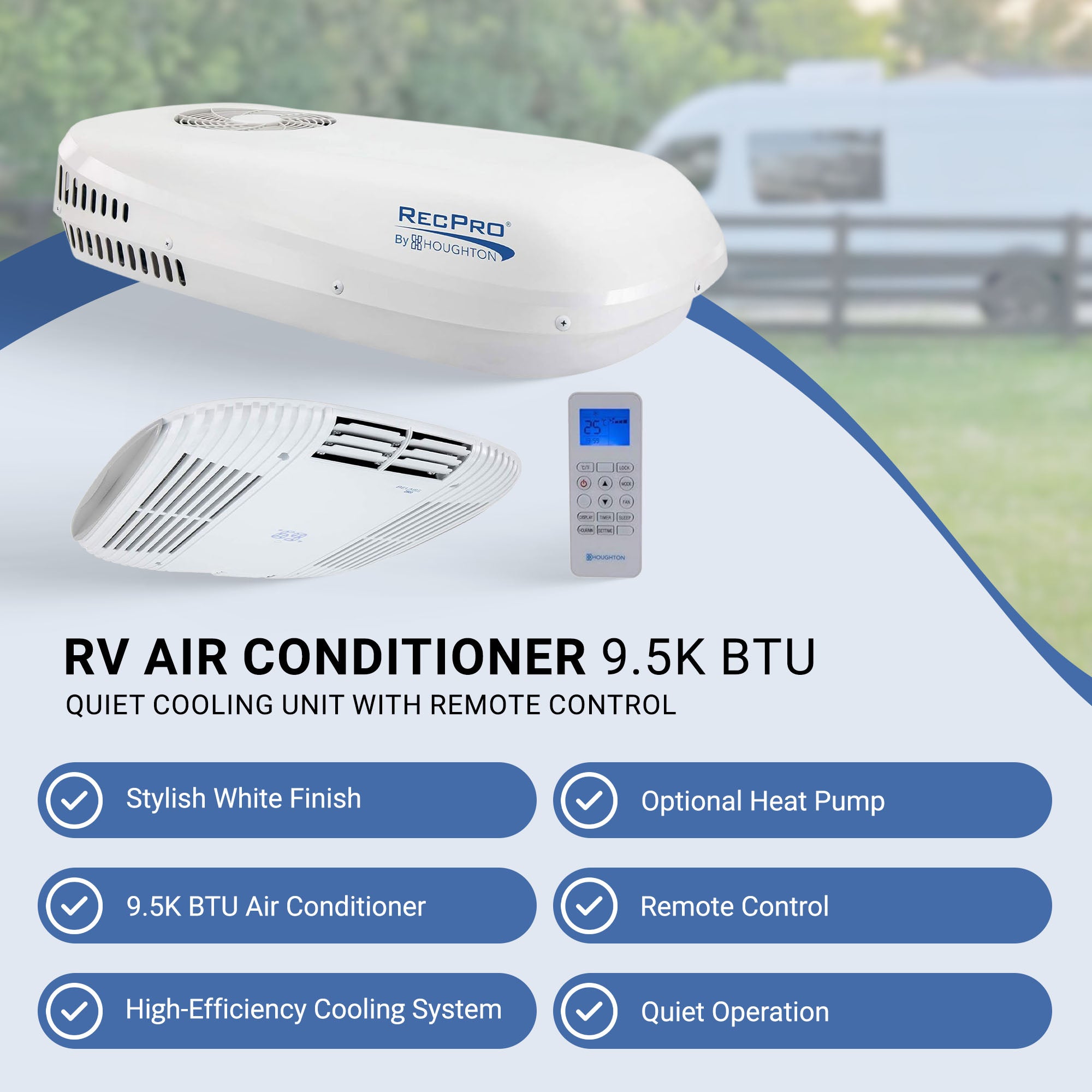 RecPro RV Air Conditioner 9.5K BTU Quiet Cooling Unit with Remote Control, White
