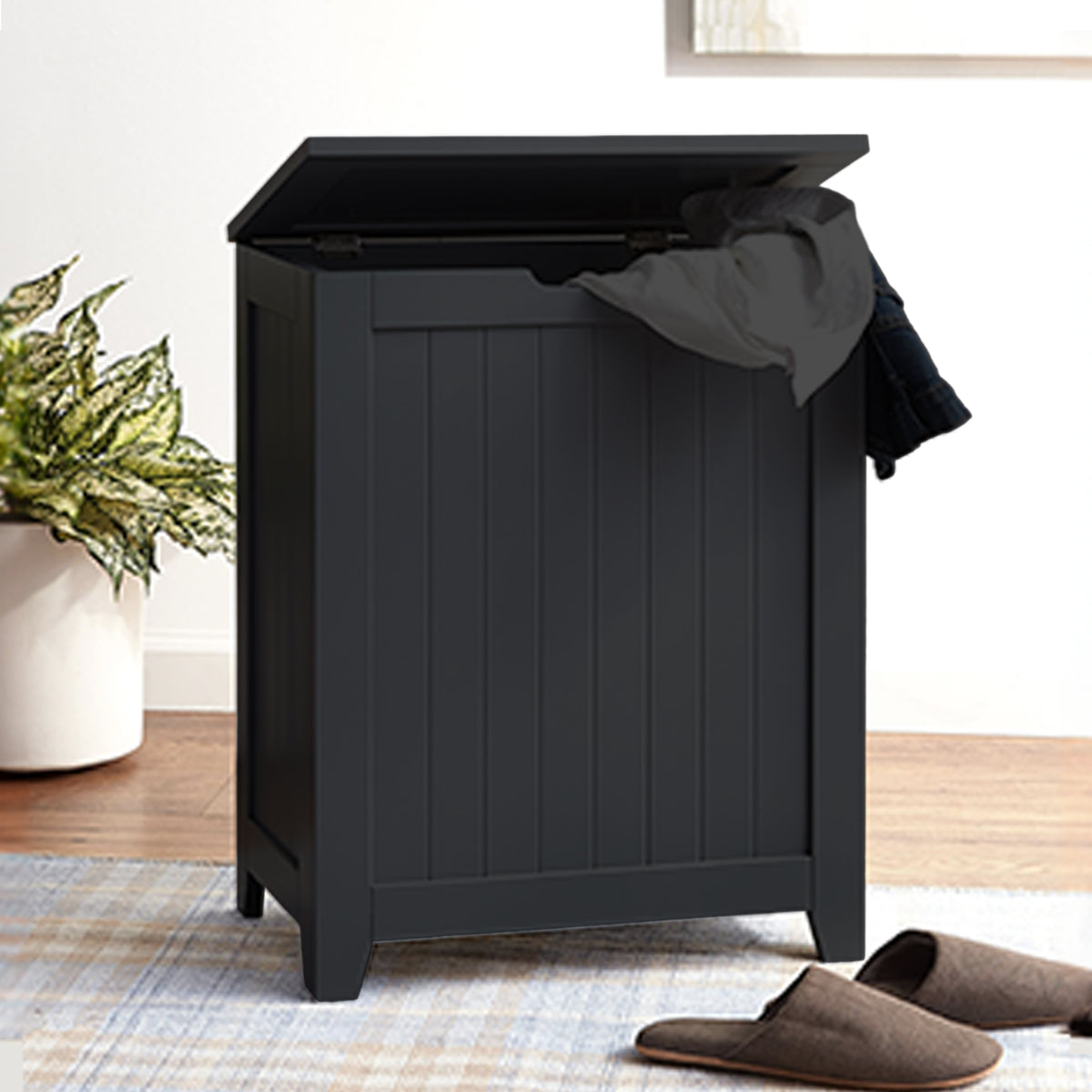 Redmon Country Wainscot Style Clothes Hamper, Laundry Basket with Lid, Black