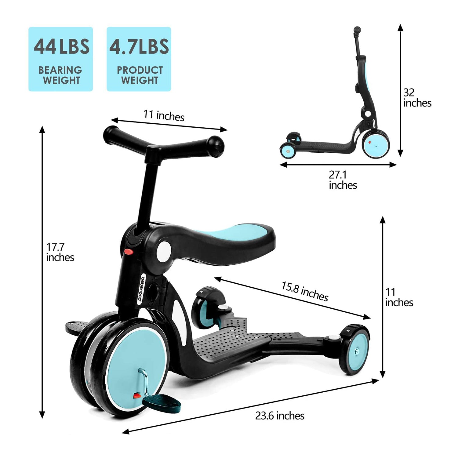 Beberoad Roadkid 5 in 1 Multifunctional Scooter & Balance Bike for Kids, Blue