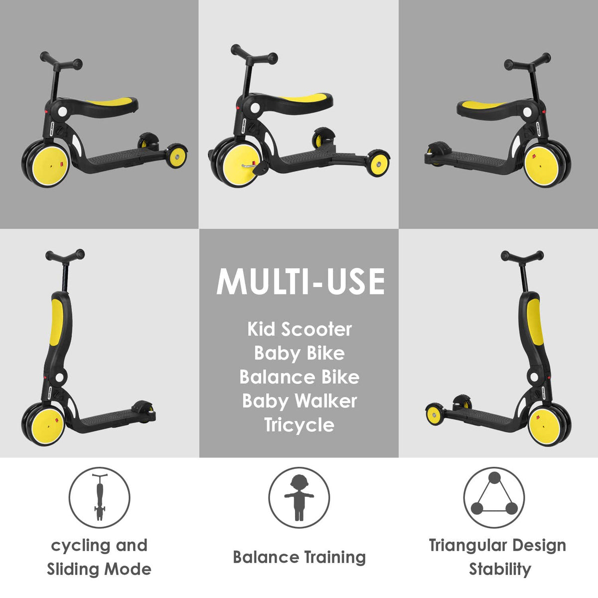 Beberoad Roadkid 5 in 1 Multifunctional Scooter & Balance Bike for Kids, Yellow