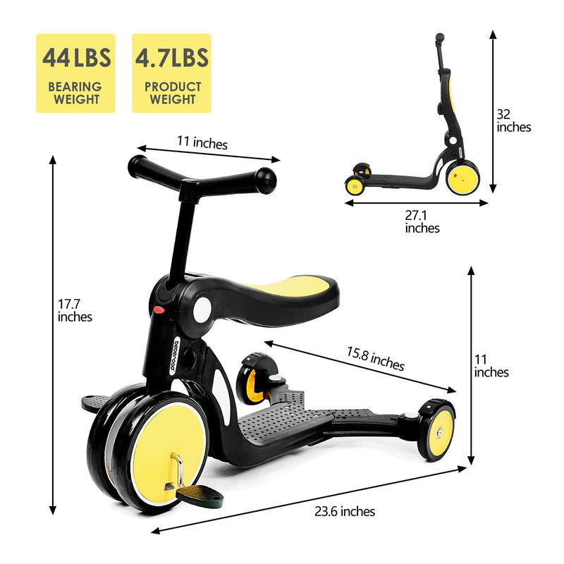 Beberoad Roadkid Plus 5 in 1 Multifunctional Scooter with Push for Kids, Yellow