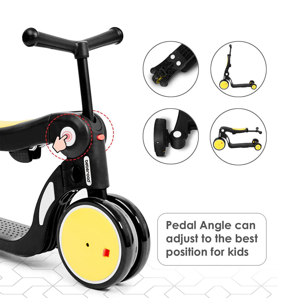Beberoad Roadkid 5 in 1 Multifunctional Scooter & Balance Bike for Kids, Yellow