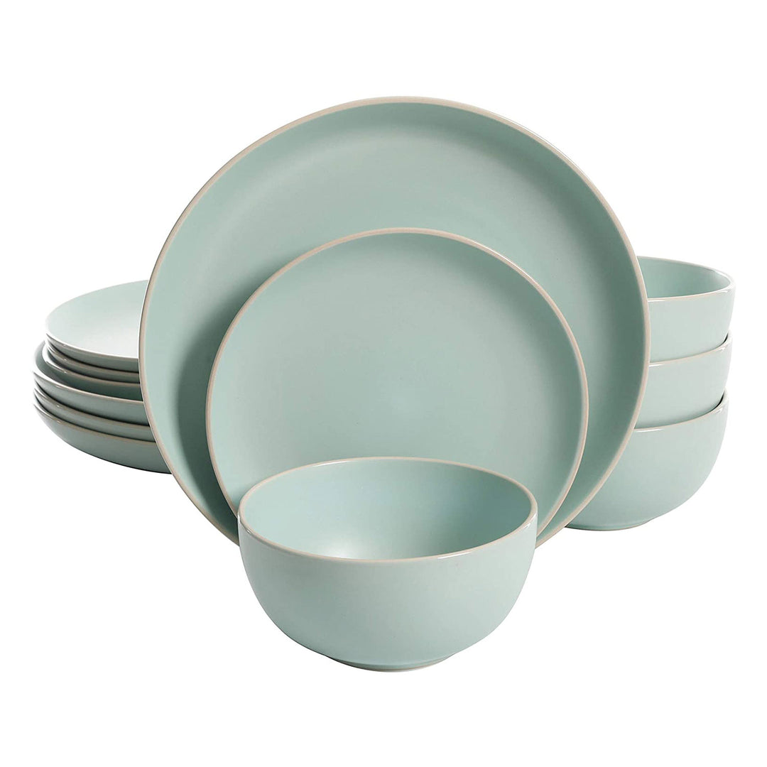 Gibson Rockaway 12 Piece Stoneware Dinnerware Set, Plates & Bowls, Matte Teal - VMInnovations