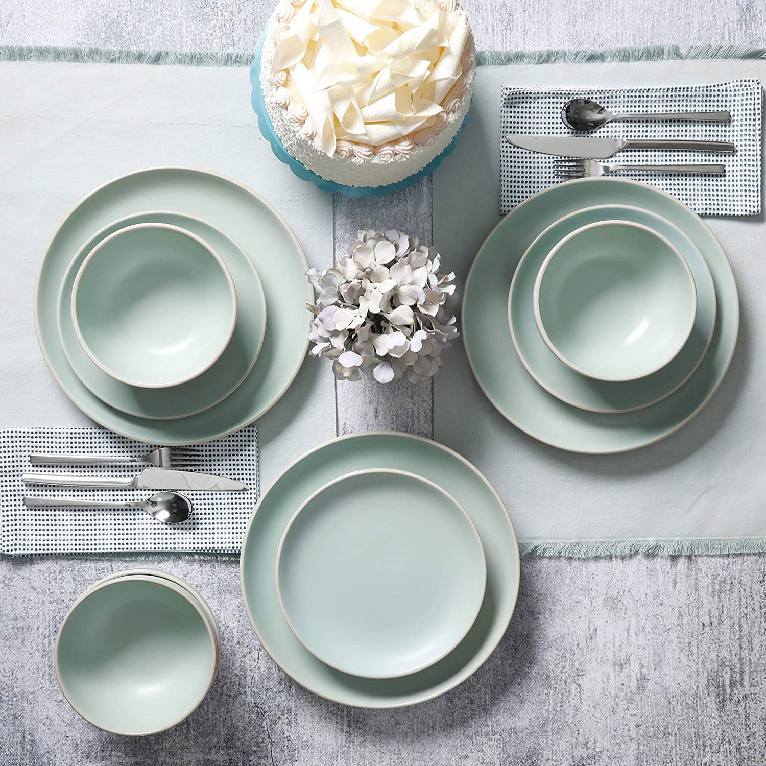 Gibson Rockaway 12pc Stoneware Dinnerware Set, Plates & Bowls, Matte Teal (Used) - VMInnovations