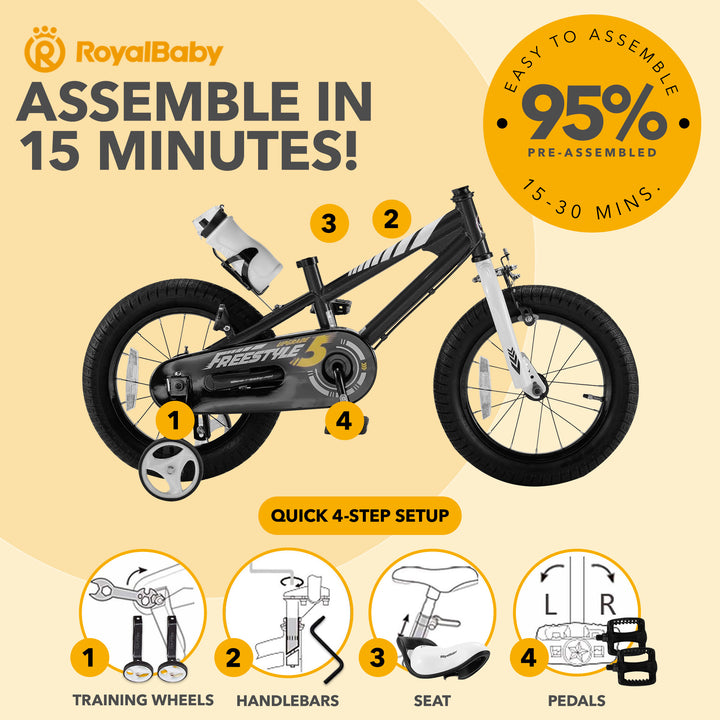 RoyalBaby Freestyle Kid's Bicycle with Training Wheels, 16", Black (Open Box) - VMInnovations