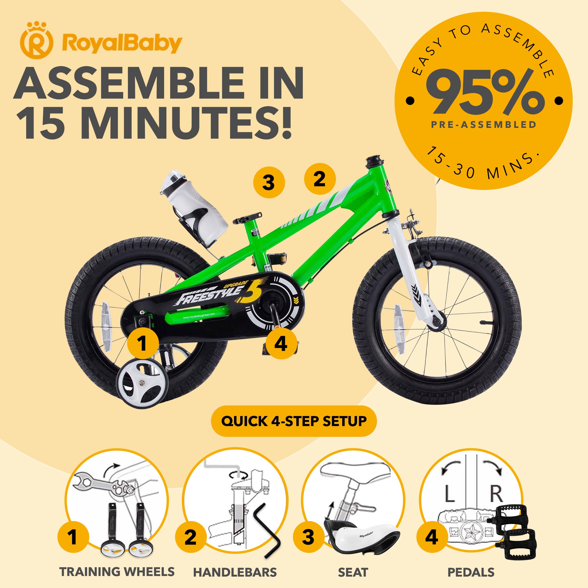 RoyalBaby Freestyle Outdoor Kid's Bicycle with Training Wheels, 16 Inch, Green - VMInnovations