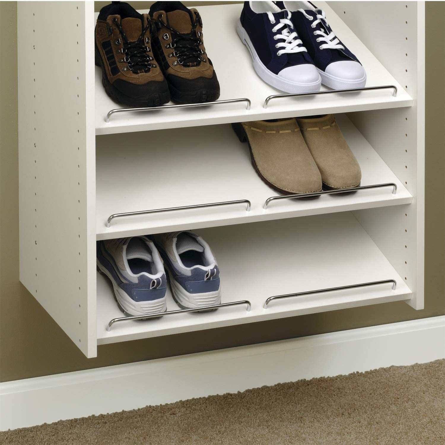Easy Track 24 Inch Slanted Shoe Shelves with Chrome Fence Rails, White (3 Pack)