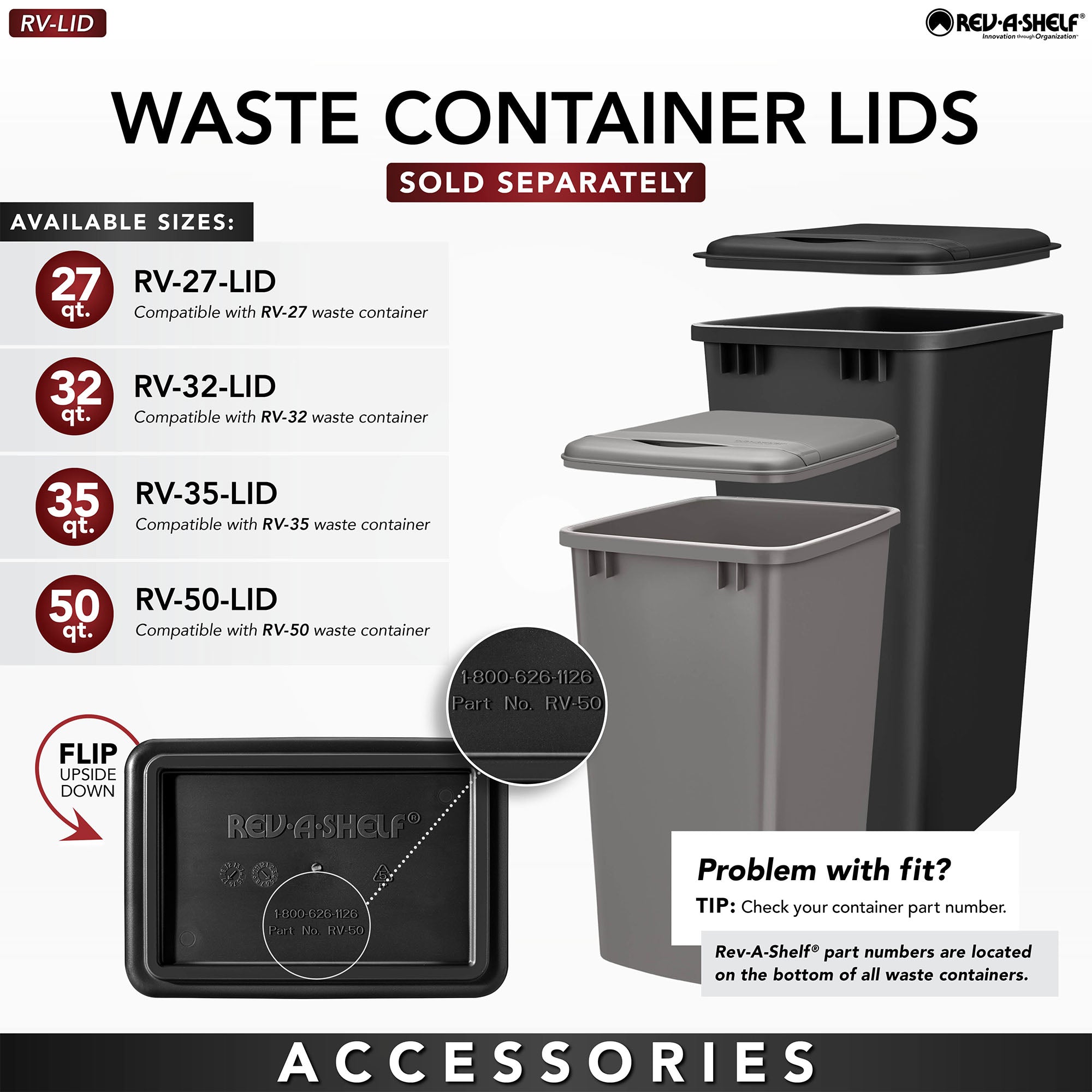 Rev-A-Shelf Pullout Trash Cans, Full-Height Cabinet, 50 qt.,4WCTM-1850DM2-419-FL