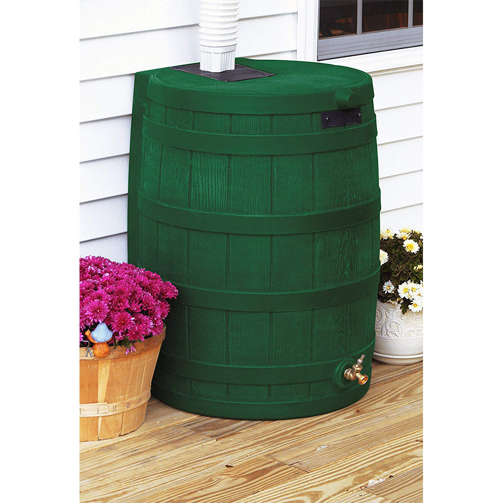 Good Ideas Rain Wizard 50 Gallon Plastic Rain Barrel, Green with 50' Soaker Hose