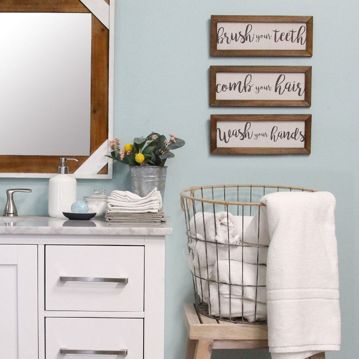 Stratton Home Decor Set of 3 Wash, Brush, Comb Bathroom Wall Art Decor, Brown - VMInnovations