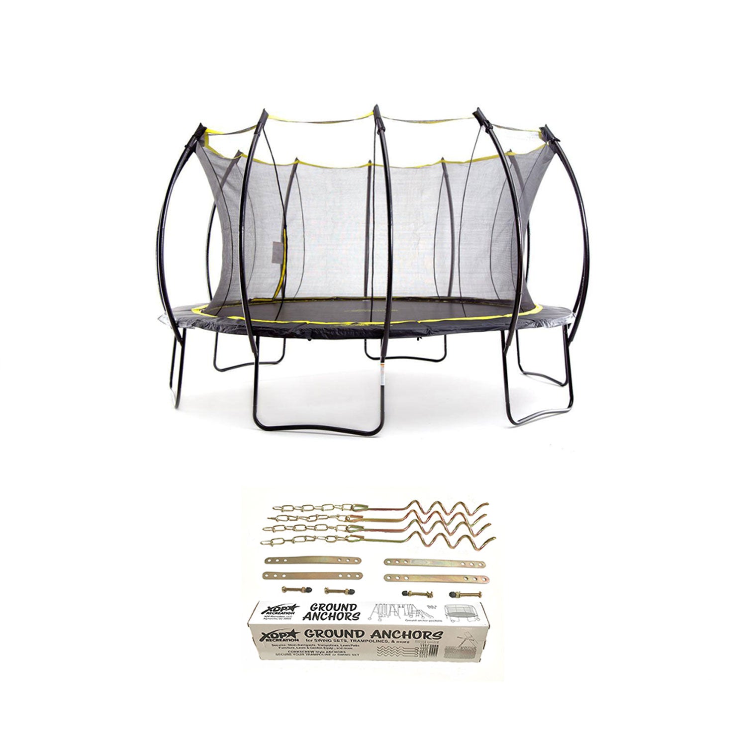 SkyBound Stratos 15 Foot Steel Trampoline + XDP Metal Ground Anchor Kit