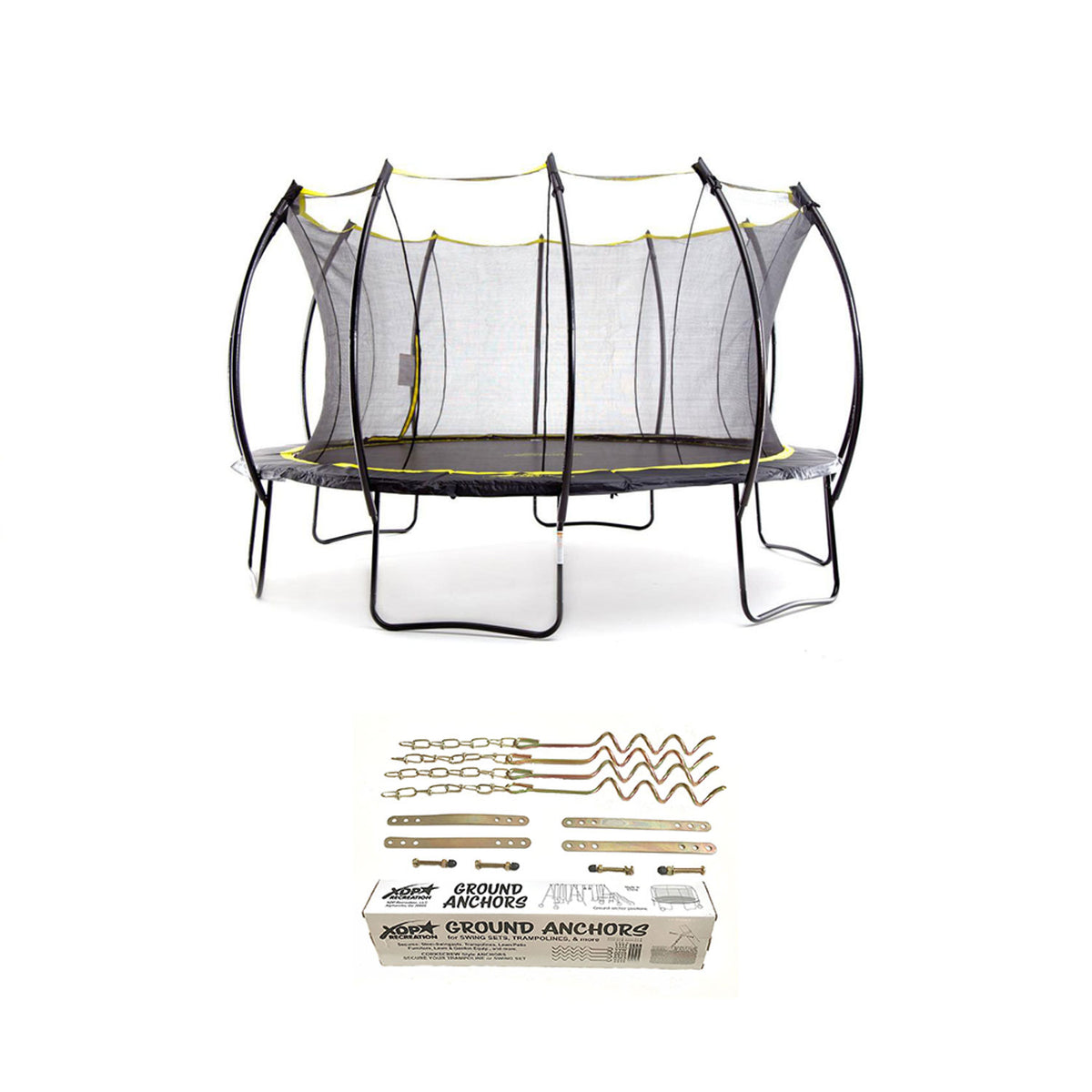 SkyBound Stratos 15 Foot Steel Trampoline + XDP Metal Ground Anchor Kit