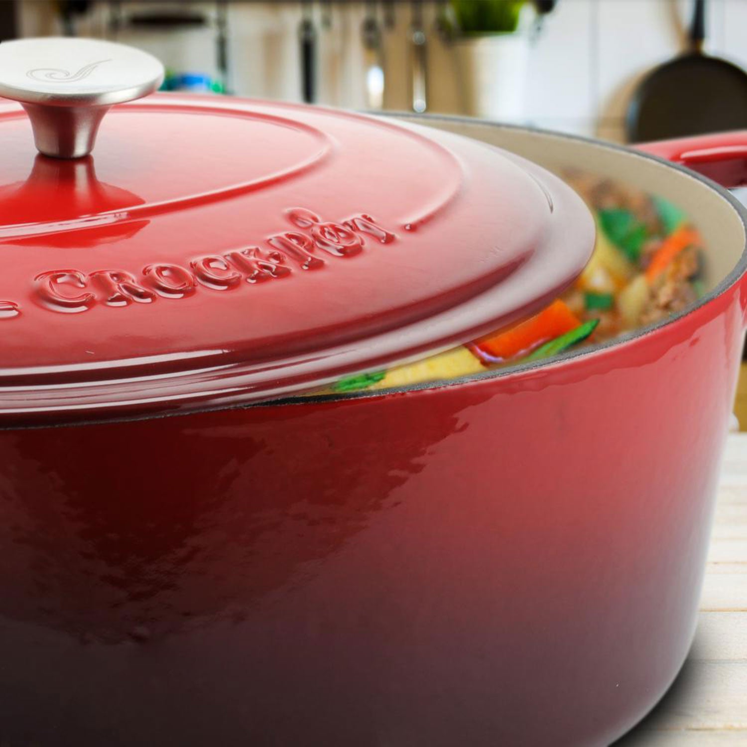 Crock-Pot 7 Qt Cast Iron Dutch Oven + Gibson CrockPot Stoneware Soup Bowls, Red - VMInnovations