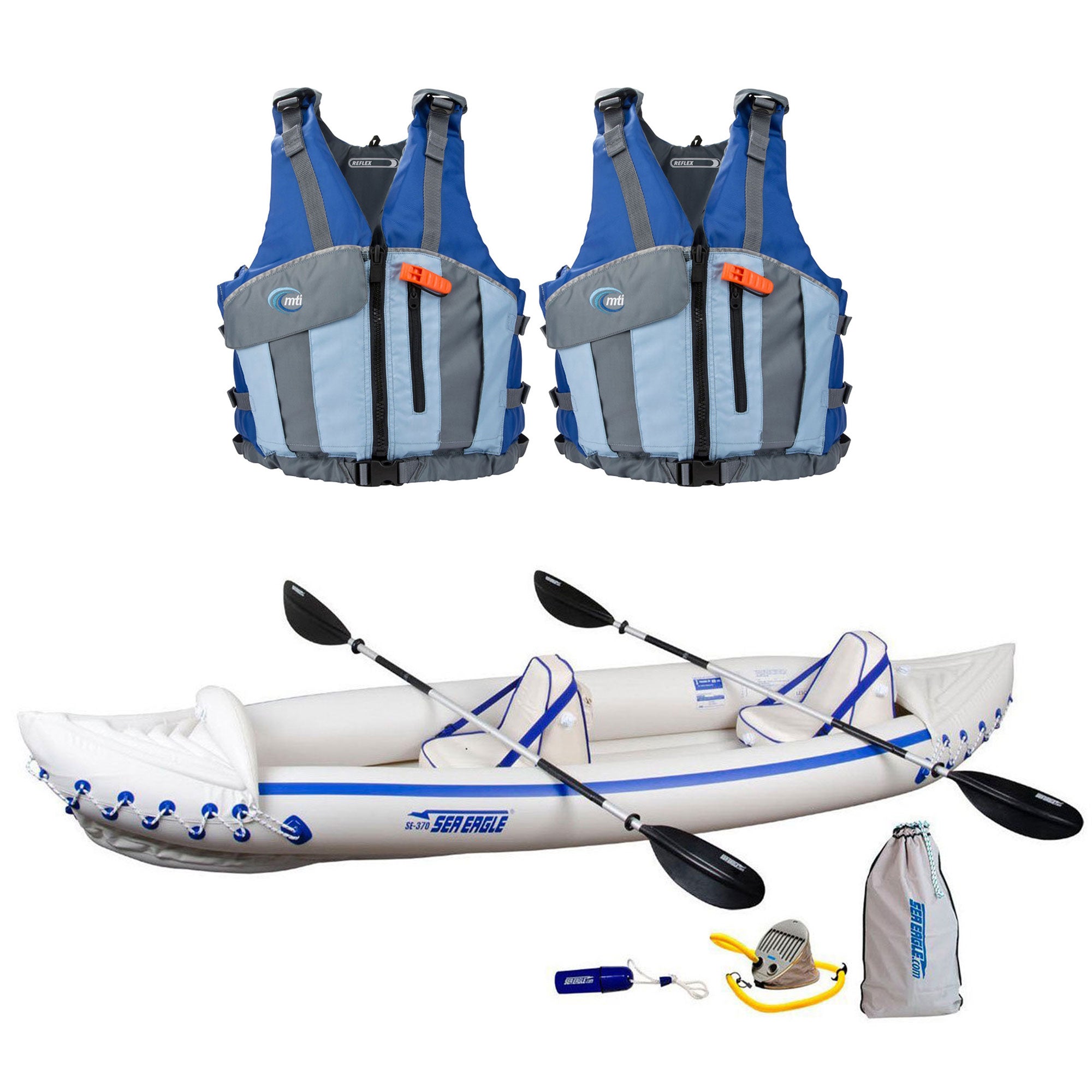 Sea Eagle Pro 3 Person Inflatable Kayak, Paddles, and 2 Reflex Life Jackets, M/L