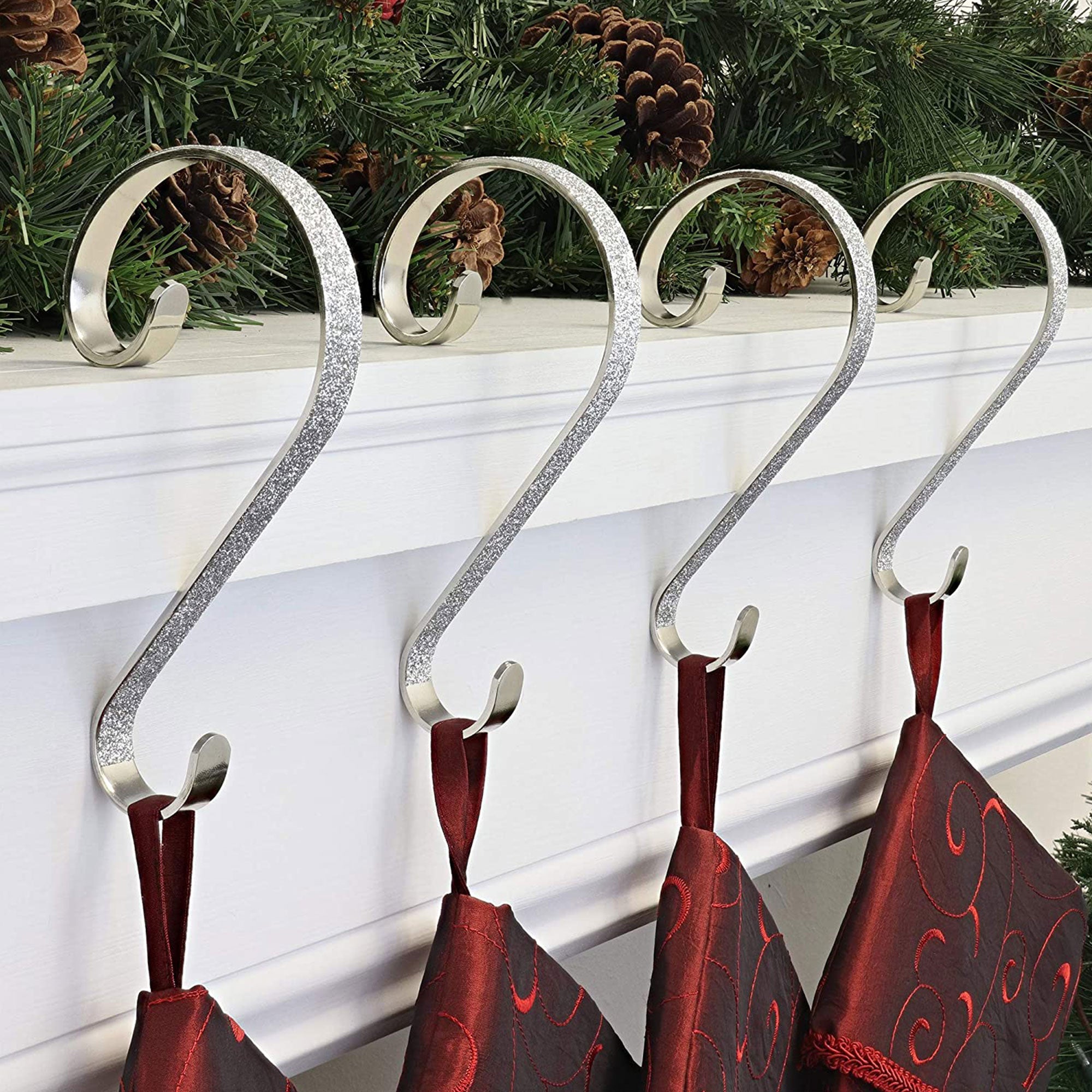 Haute Decor Stocking Scrolls Holiday Stocking Hanger, Silver Glitter, 4 Pack