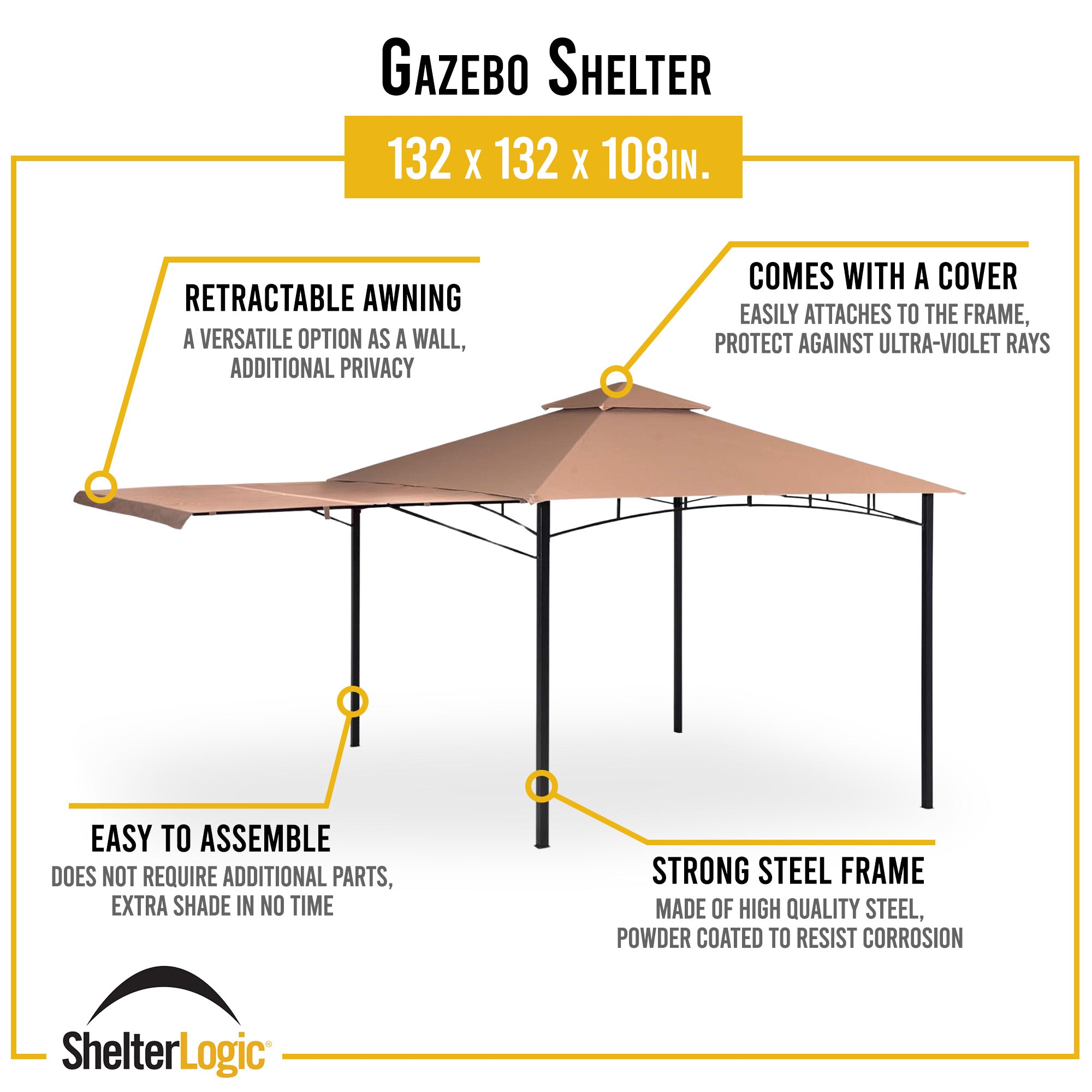 ShelterLogic 11 x 11 Ft Redwood Backyard Gazebo with Retractable Awning, Bronze - VMInnovations