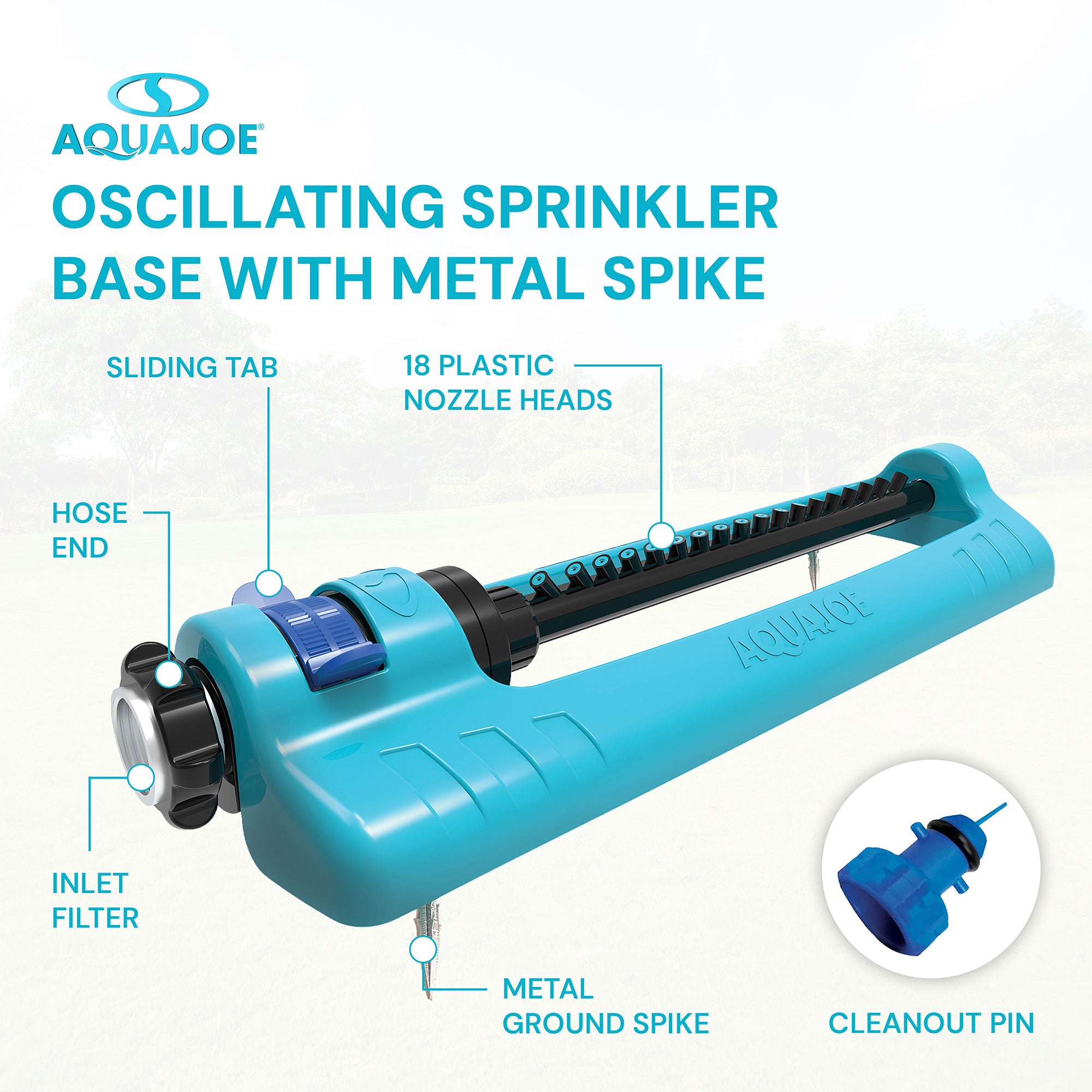 Aqua Joe Oscillating Sprinkler with Adjustable Spray, 20 Clog-Resistant Nozzles, Standard Base w/Metal Ground Spike, 3700 Square Foot Coverage - VMInnovations