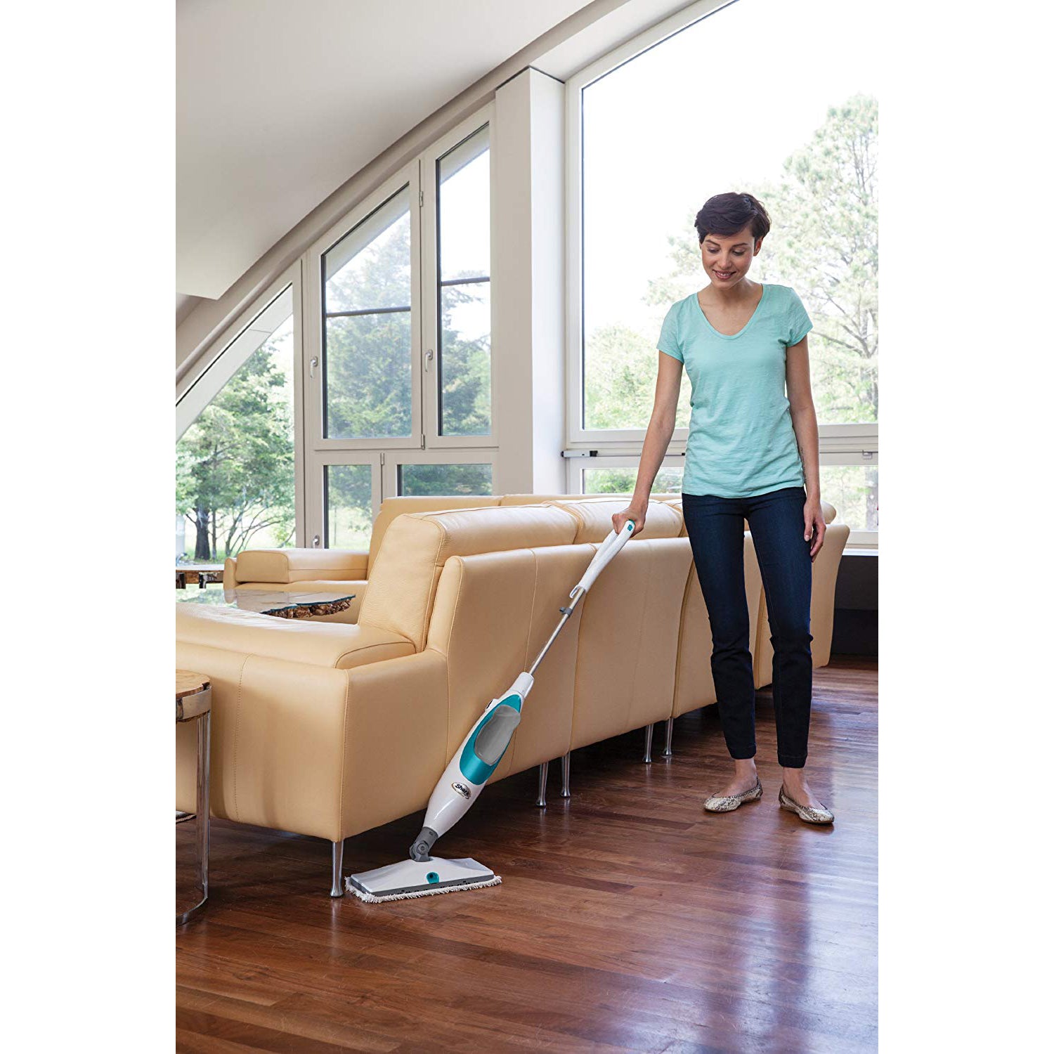Shark SK410 Lightweight Steam and Spray Electric Floor Steamer Mop, White & Blue