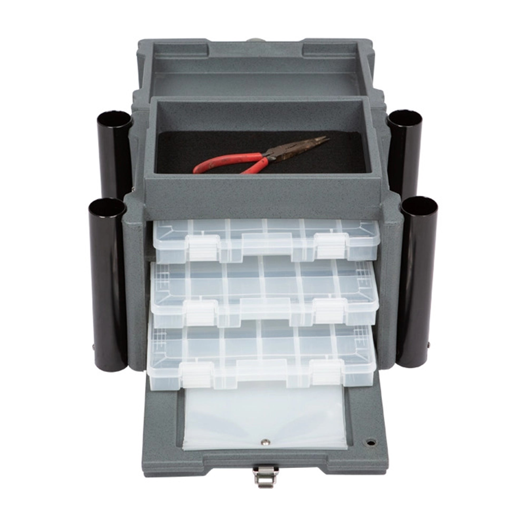 SKB Medium Tackle Box, 4 Drawers with Dividers and 2 Soft Exterior Pockets, Gray - VMInnovations
