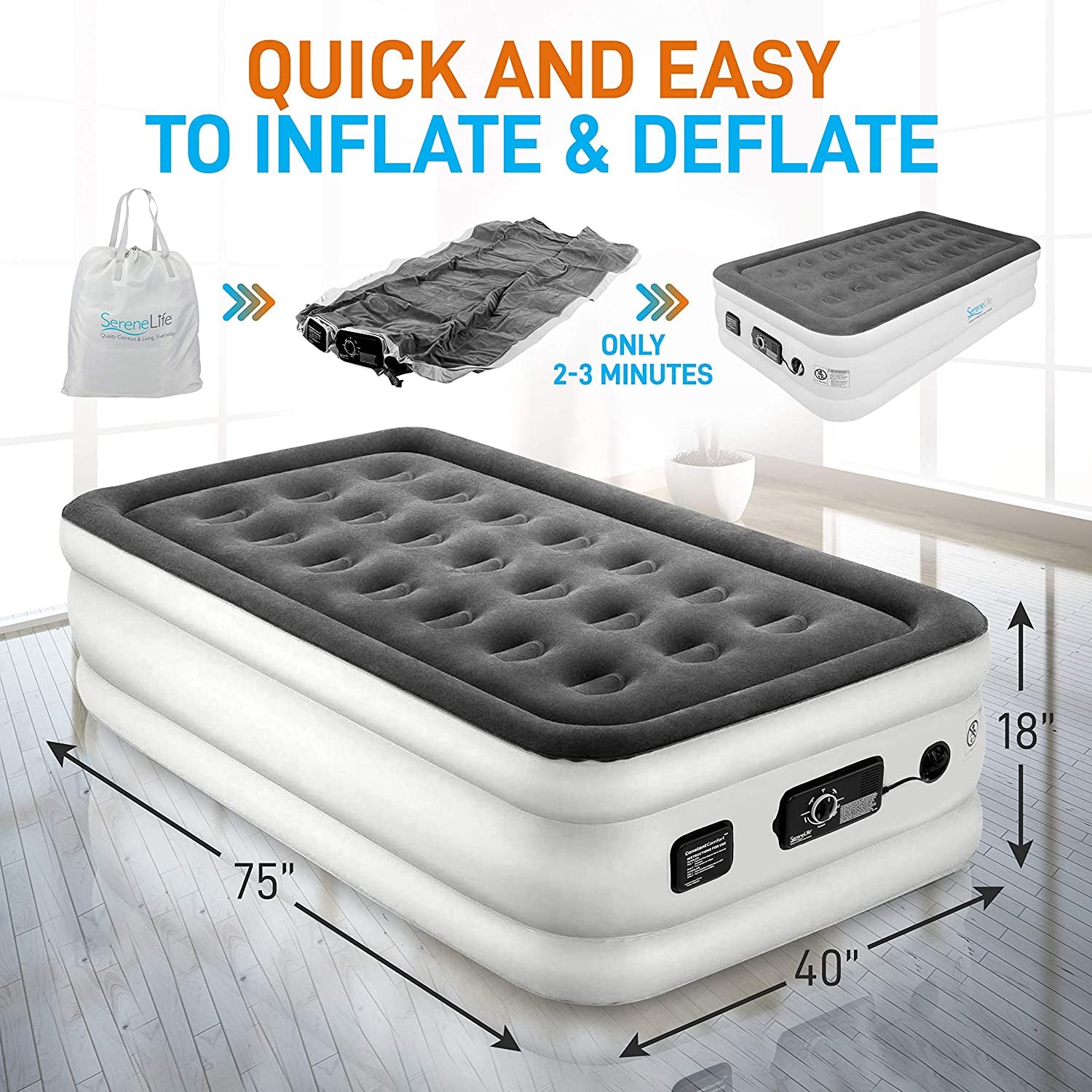 SereneLife Twin Inflatable Premium Airbed Flocked Mattress Internal Pump(2 Pack)