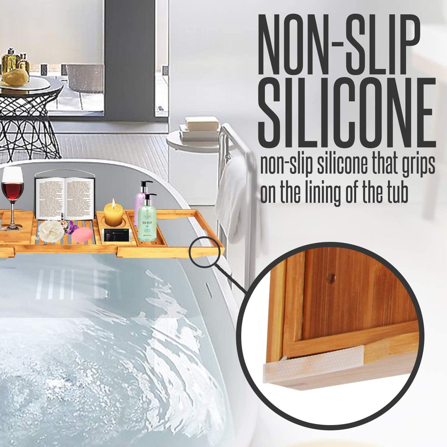 SereneLife Luxury Bathtub Shower Caddy Tray Organizer with Wine Holder(Open Box) - VMInnovations