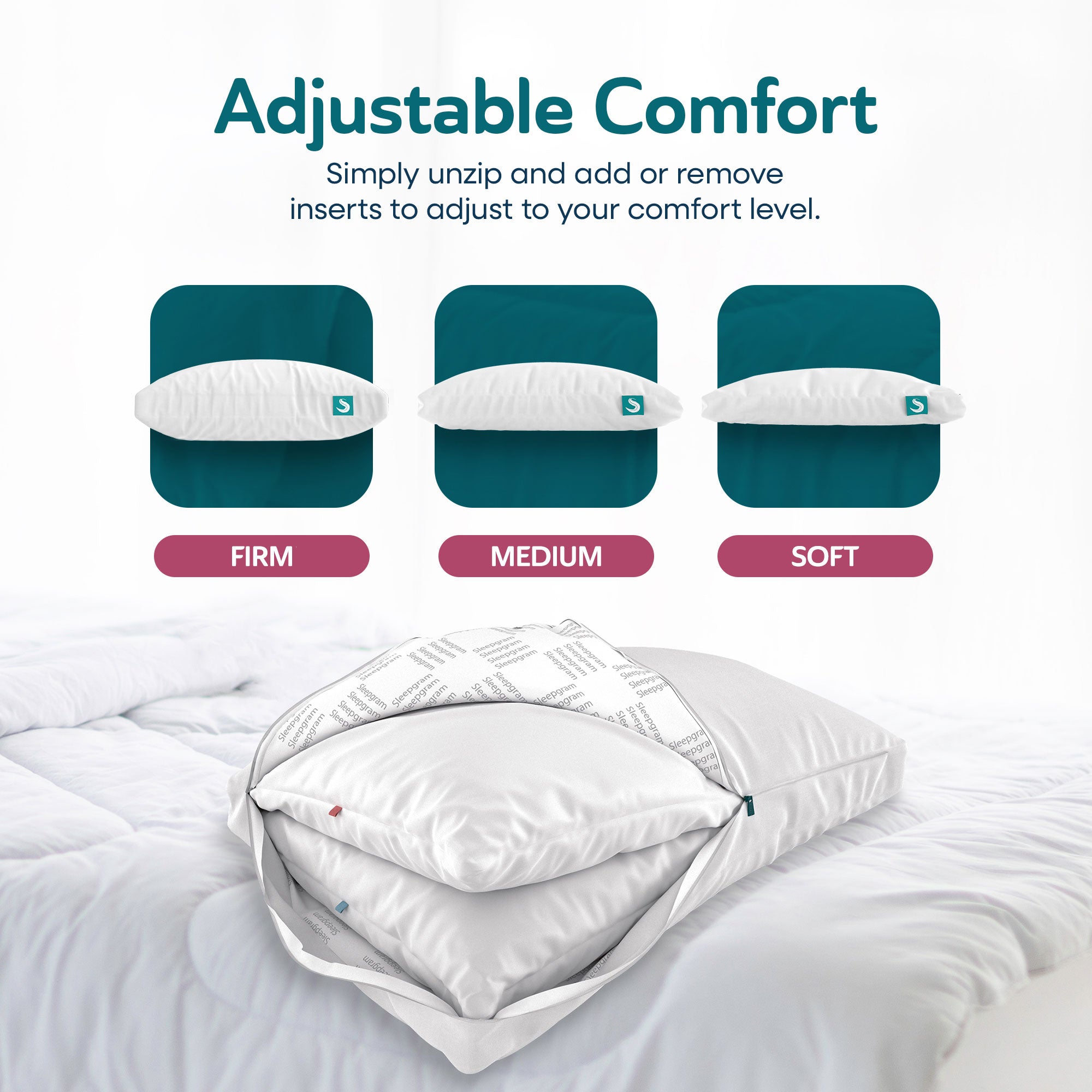Sleepgram Bed Support Sleeping Pillow with Cover, King Size, White (2 Pk) (Used)