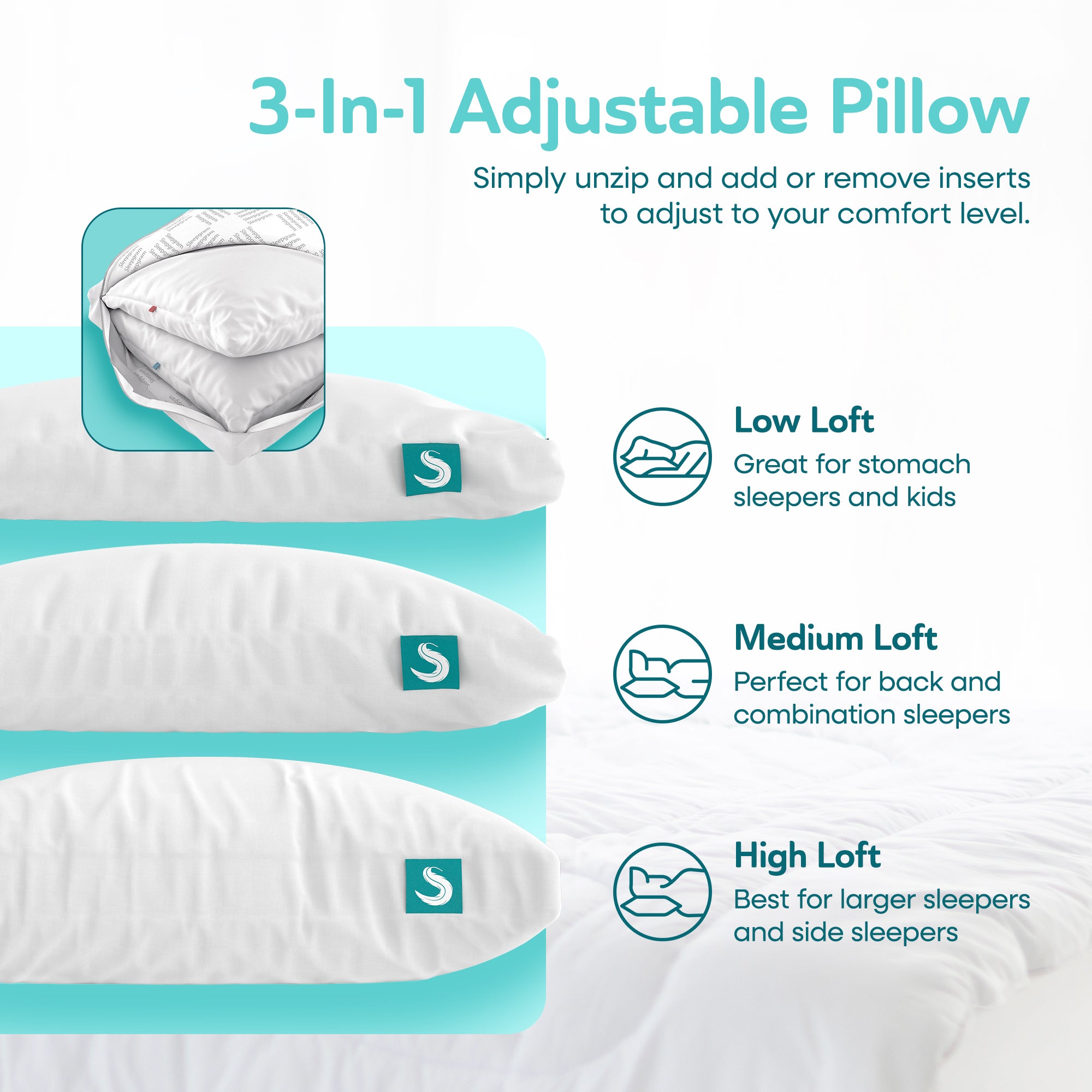 Sleepgram Bed Support Sleeping Pillow with Cover, King Size, White (2 Pack)