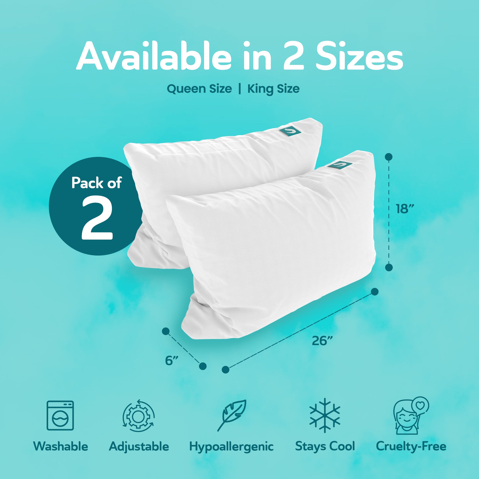 Sleepgram Bed Support Sleeping Pillow with Cover, Queen Size, White (2 Pack)