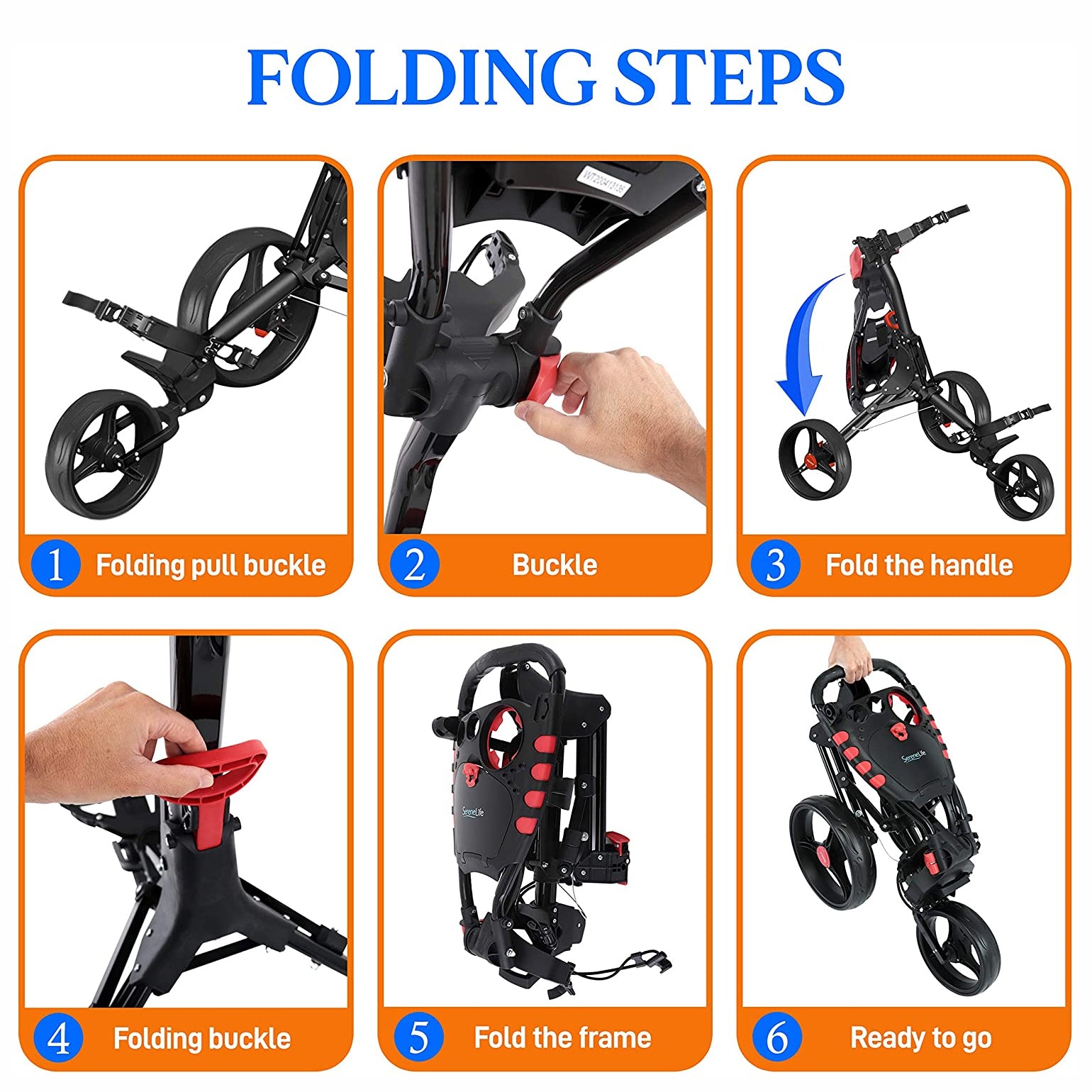 SereneLife 3 Wheel Folding Golf Bag Push Cart Holder with Cup Holder (4 Pack)