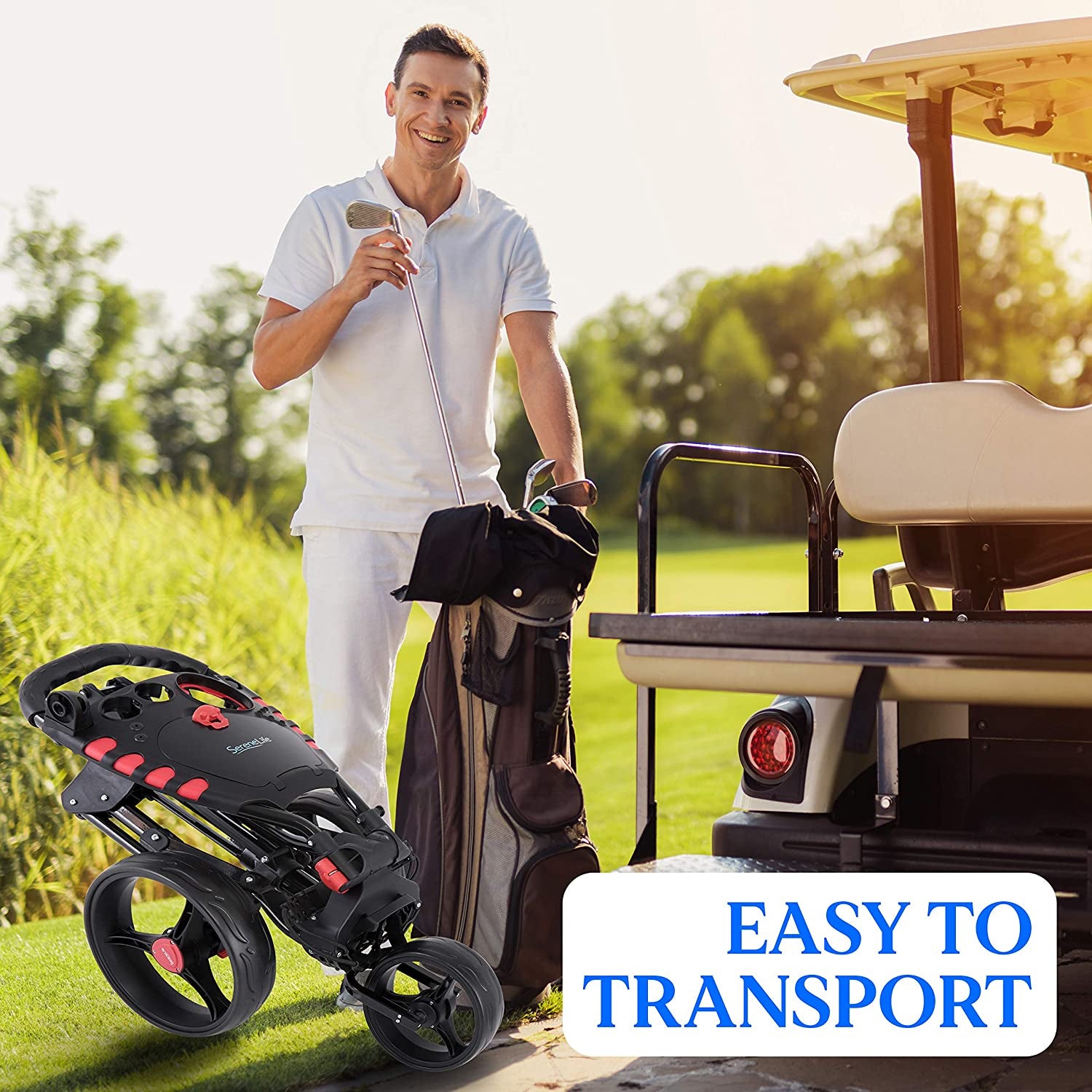 SereneLife 3 Wheel Folding Golf Bag Push Cart Holder with Cup Holder (4 Pack)