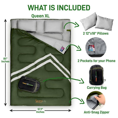 SereneLife 85 x 57.1 Inch Waterproof Double Sleeping Bag with 2 Pillows, Green