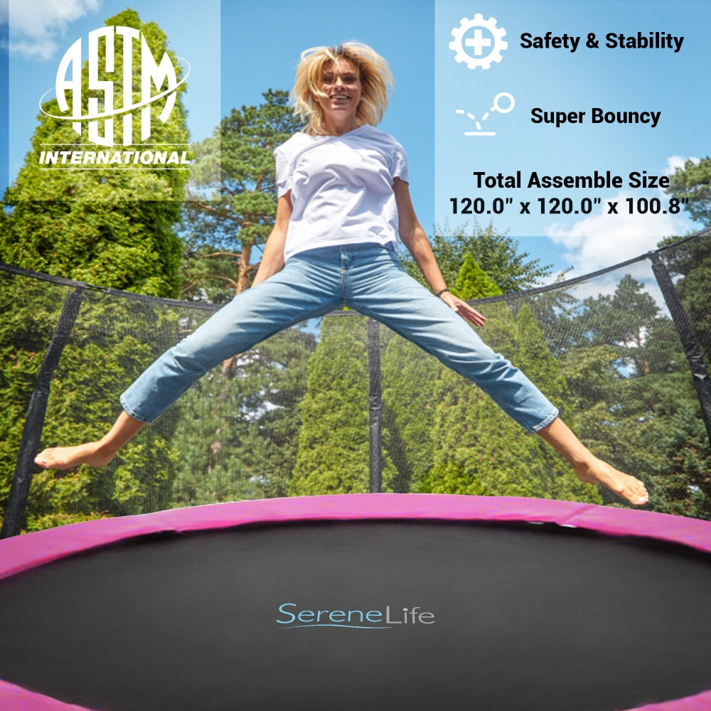 SereneLife 10 Foot Outdoor Trampoline and Safety Net Enclosure for Kids, Pink - VMInnovations