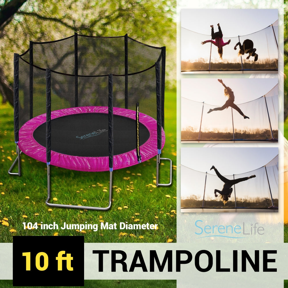SereneLife 10 Foot Outdoor Trampoline and Safety Net Enclosure for Kids, Pink - VMInnovations