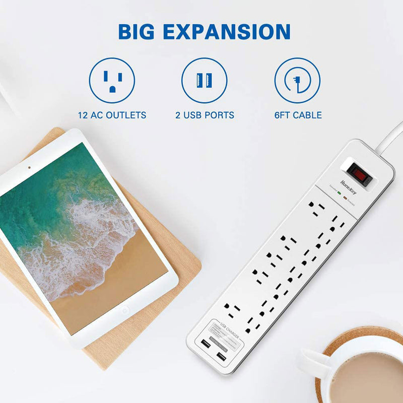 Huntkey Power Strip with 12 AC Sockets and 2 USB Charging Ports, White (3 Pack)