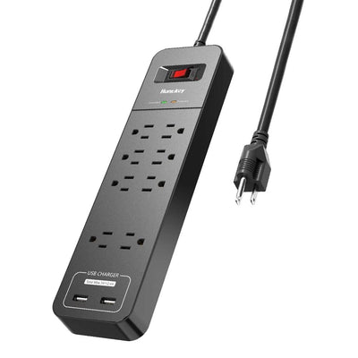 Huntkey Power Strip w/ Heavy Duty Cord, 8 Sockets, & 2 USB Ports, Black (2 Pack)