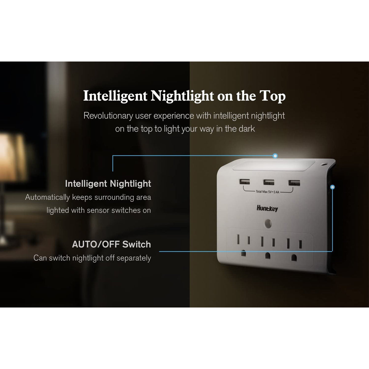 Huntkey SMD307 Wall Mount Outlet with 3 2.1 Amp USB Ports and Nightlight, Gray