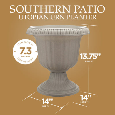 Southern Patio 14" Outdoor Lightweight Resin Utopian Urn Planter, Stone (2 Pack)