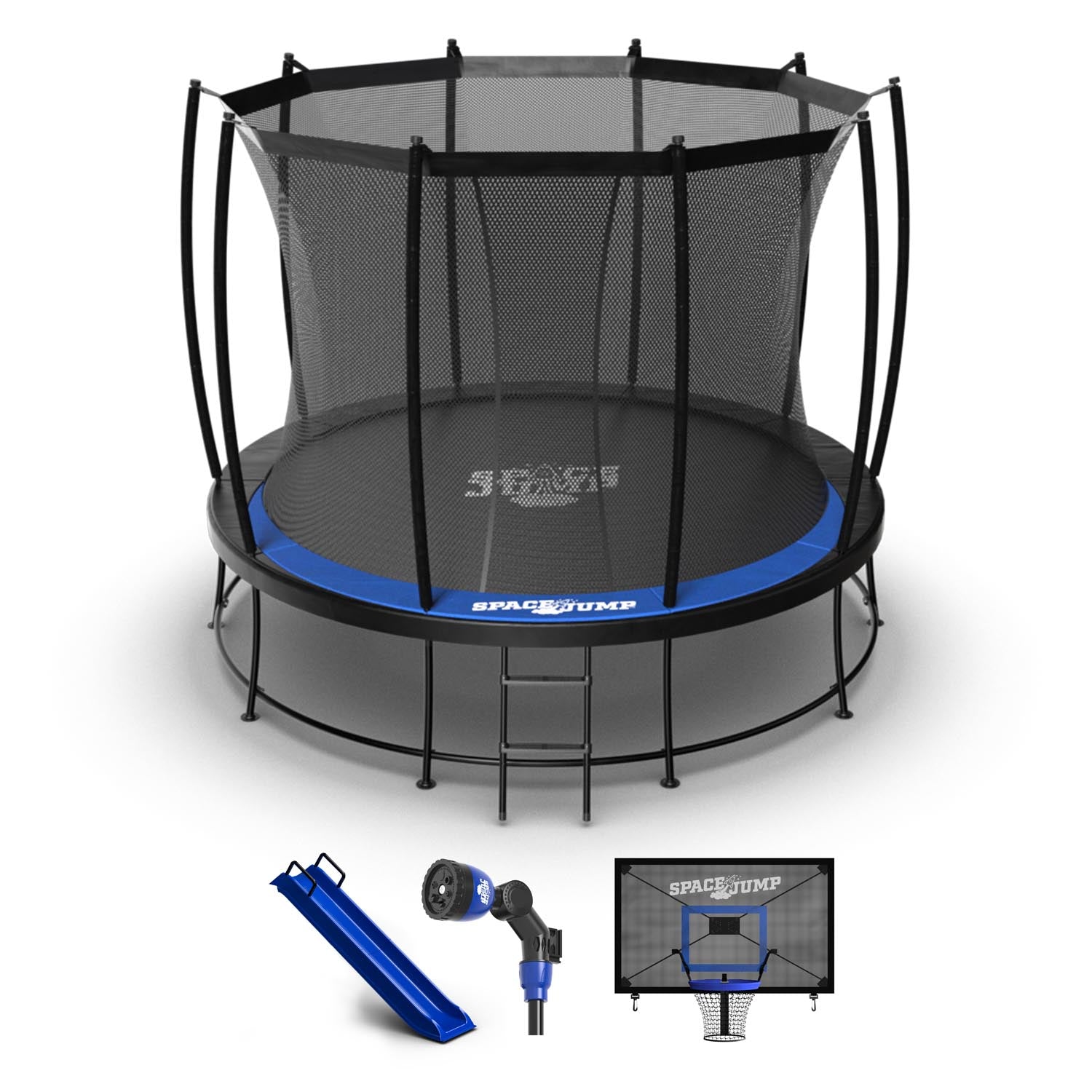 SpaceJump Astro 10' Trampoline, Outdoor Ultimate Set with Slide, Hoop & Sprayer - VMInnovations