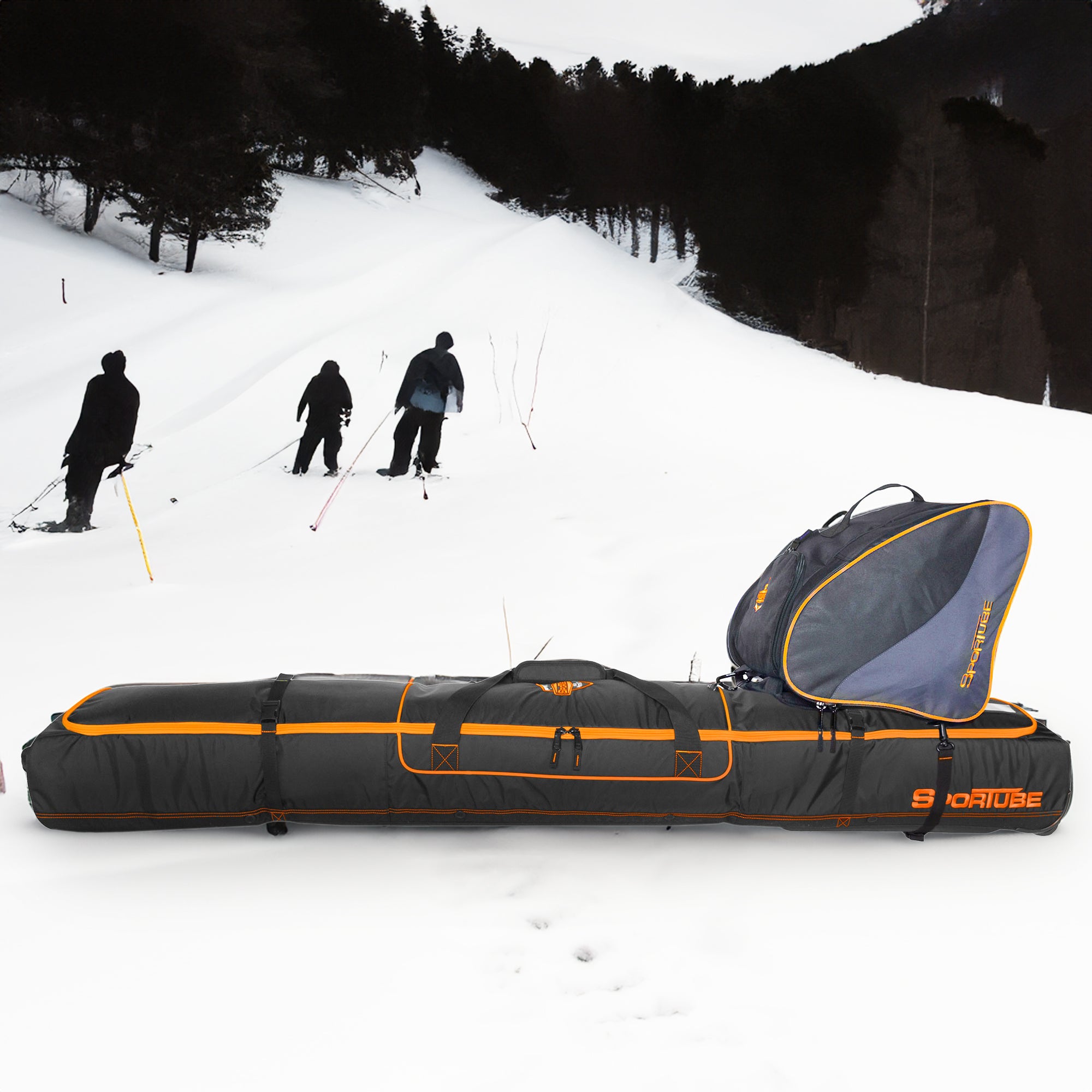 Sportube Wheeled Padded 3 Pair Ski Shield/2 Snowboard Luggage Bag, Black/Orange - VMInnovations