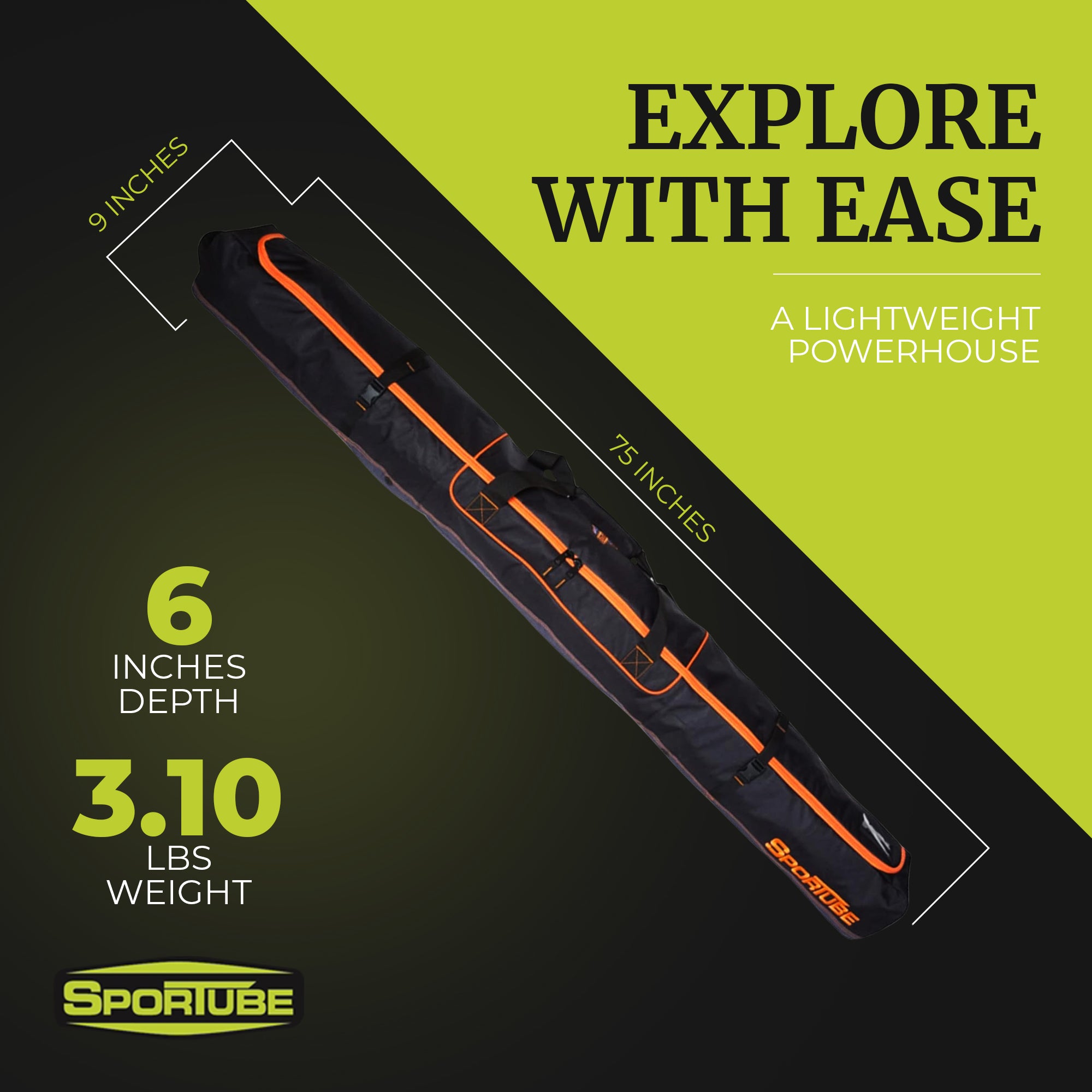 Sportube Traveler Padded 6 Foot Single Pair Ski & Pole Luggage Bag, Black/Orange - VMInnovations