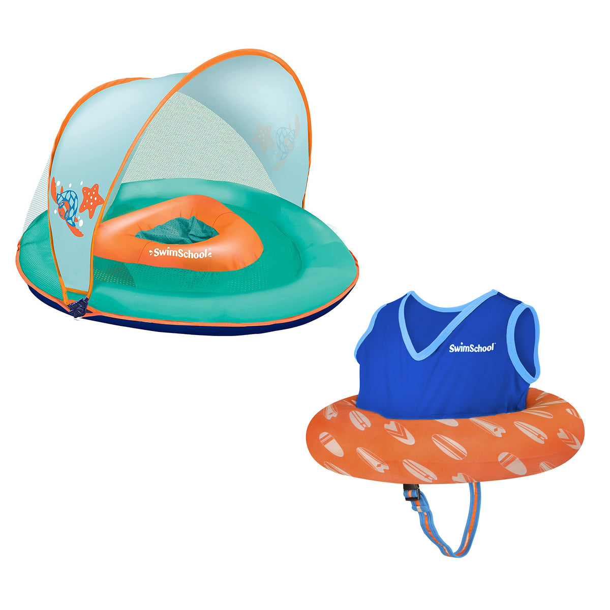 SwimSchool Deluxe Float Trainer, Blue and Baby Float w/ Adjustable Seat, Orange