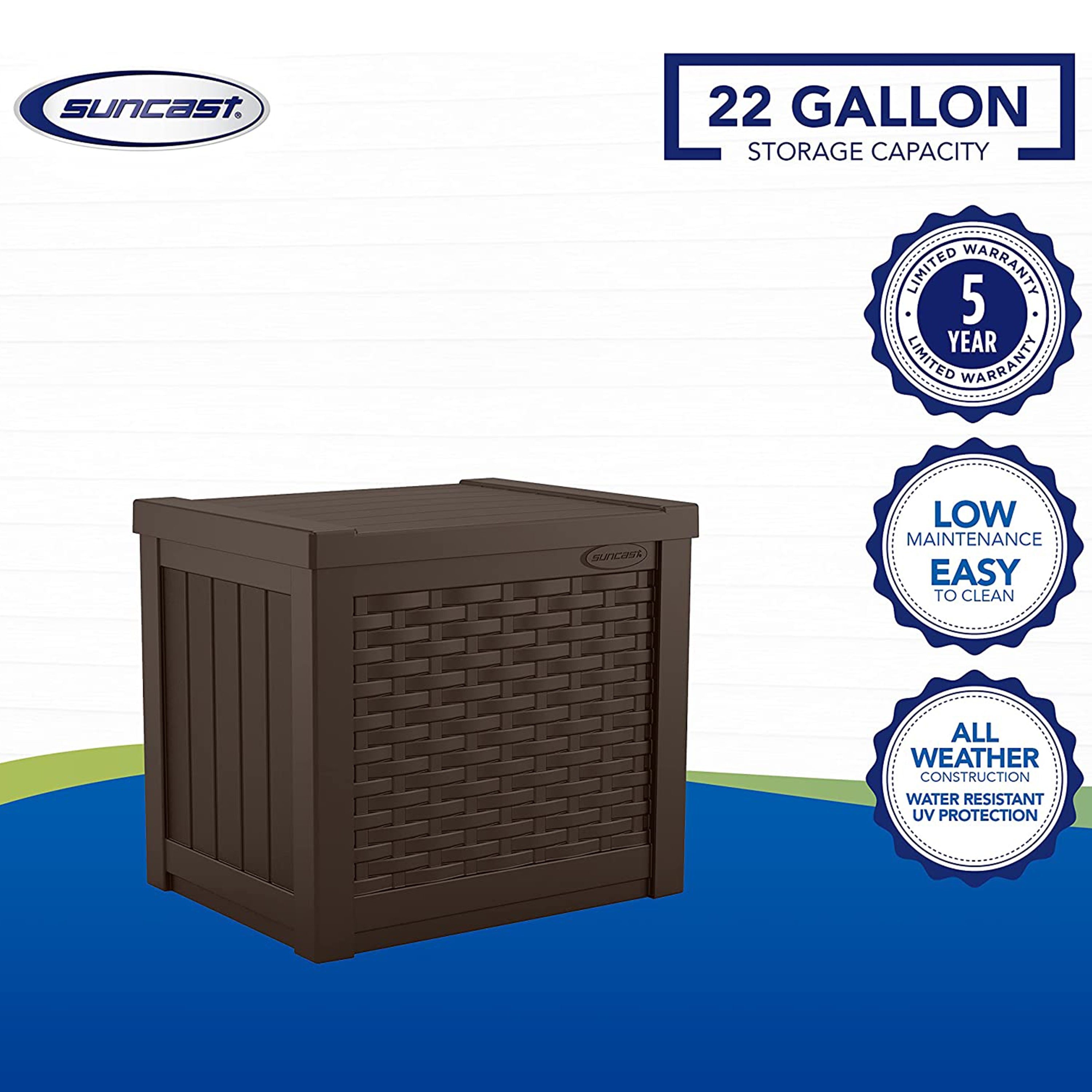 Suncast 22 Gallon Outdoor Patio Small Deck Box with Storage Seat, Java (2 Pack) - VMInnovations