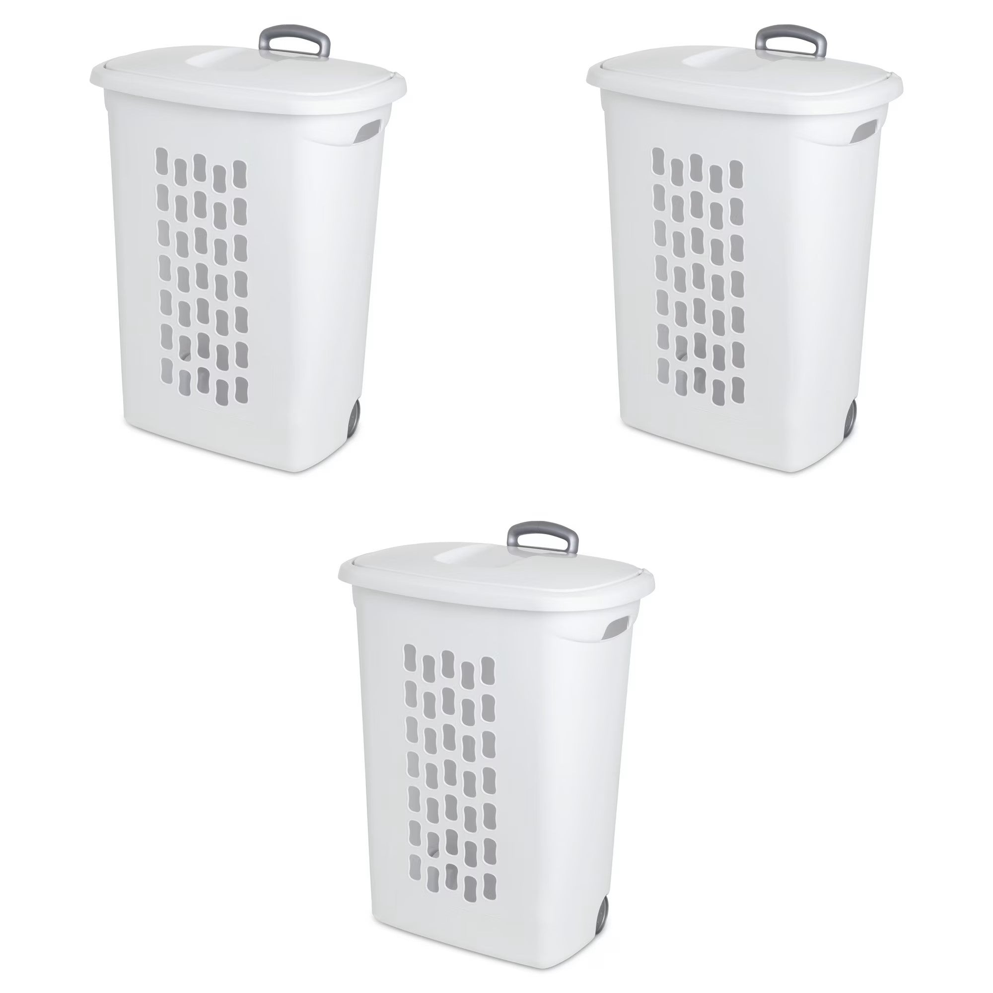 Sterilite Laundry Hamper Flip Top Lid Retractable Pull Handle Wheels, (3 Pack) - VMInnovations
