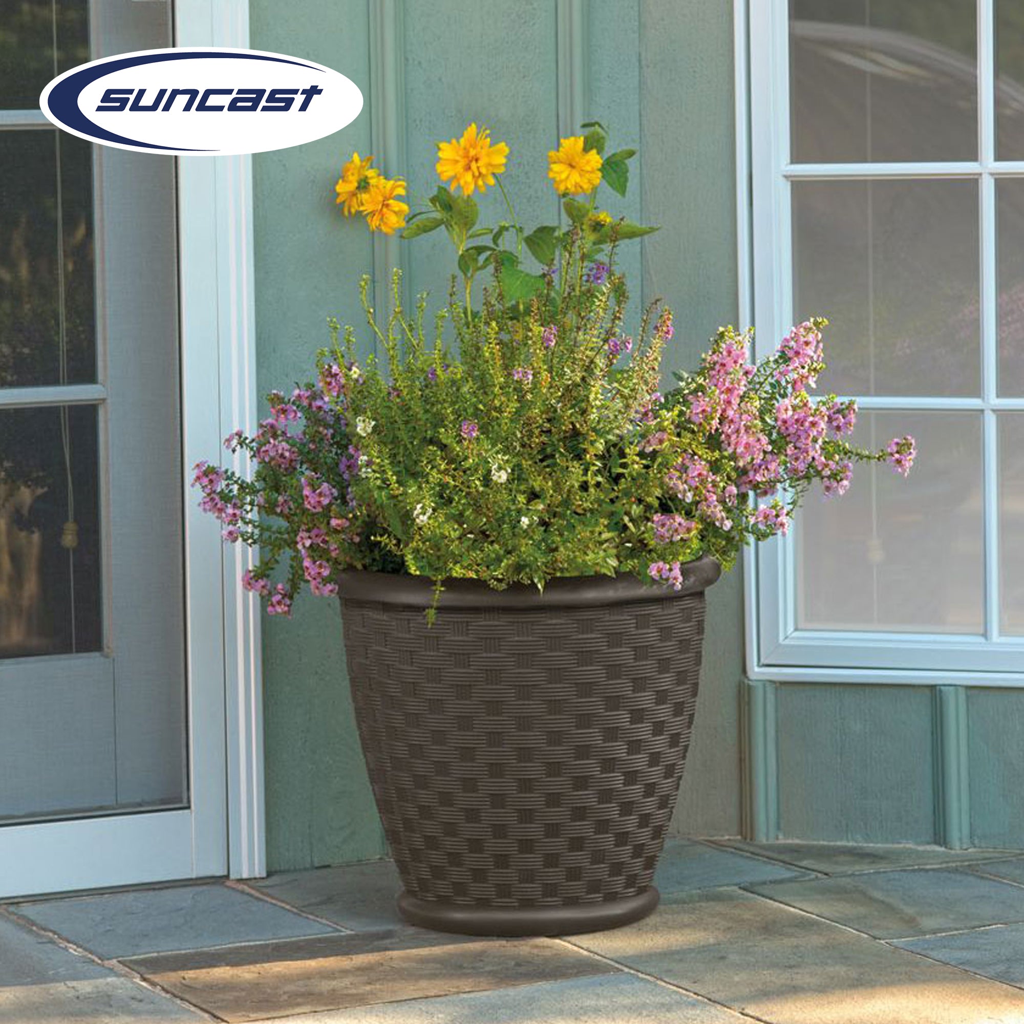 Suncast Sonora 18 Inch Resin Wicker Decorative Yard Garden Flower Planter, Brown - VMInnovations