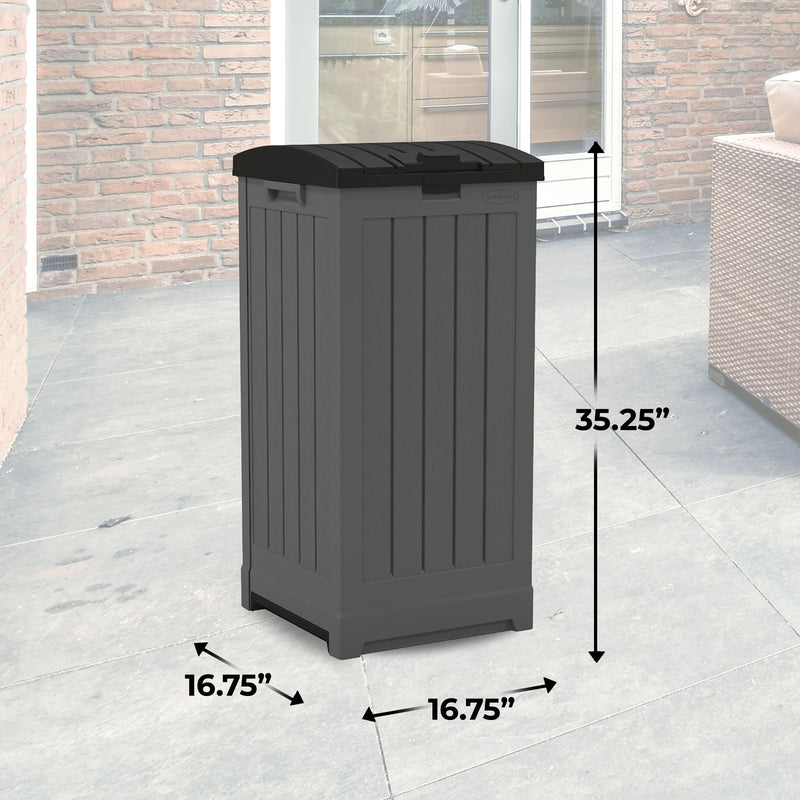 Suncast Trash Hideaway 39 Gallon Outdoor Trash Can Patio Waste Bin, Peppercorn