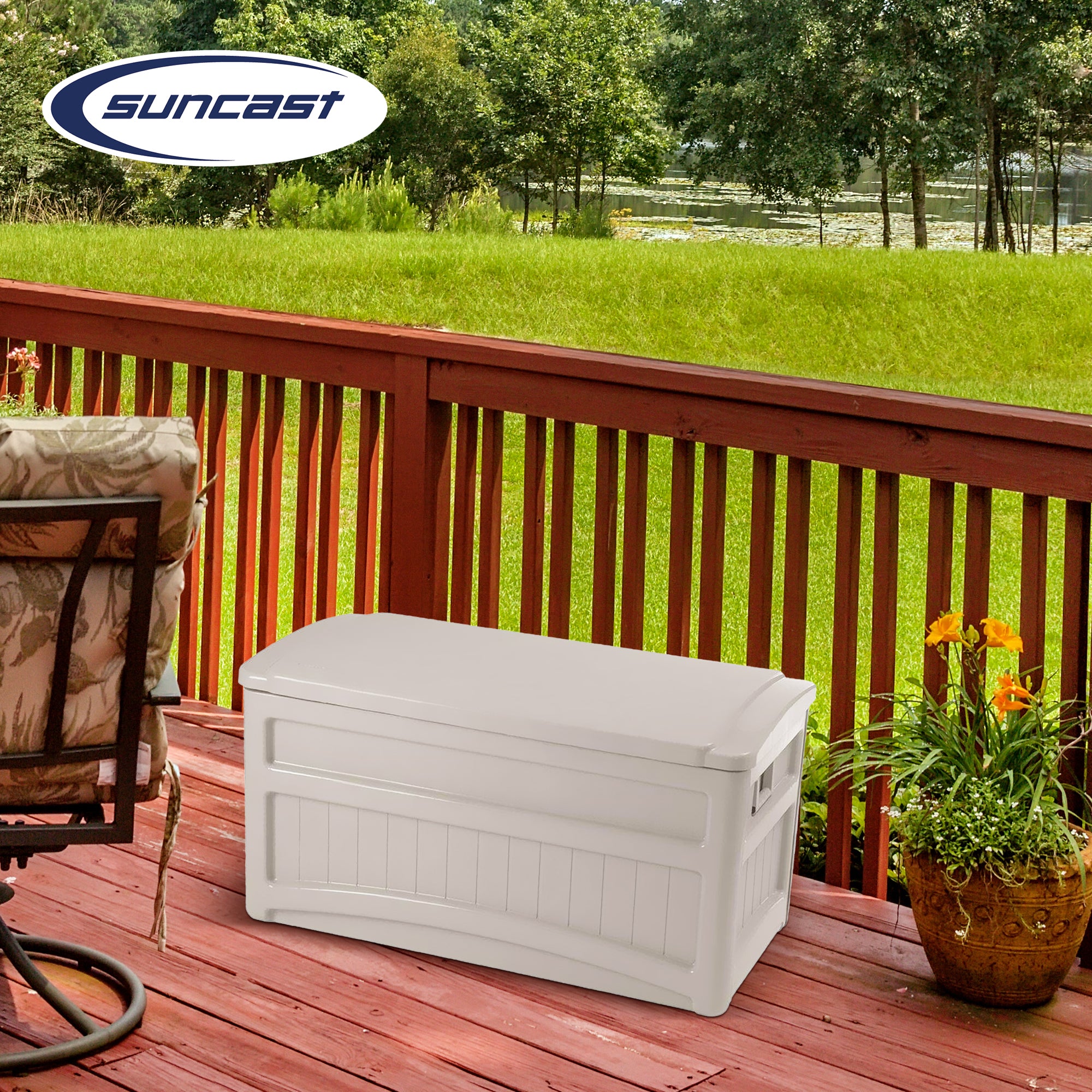 Suncast 73 Gallon Outdoor Patio Deck Resin Storage Organization Chest Box, Taupe - VMInnovations