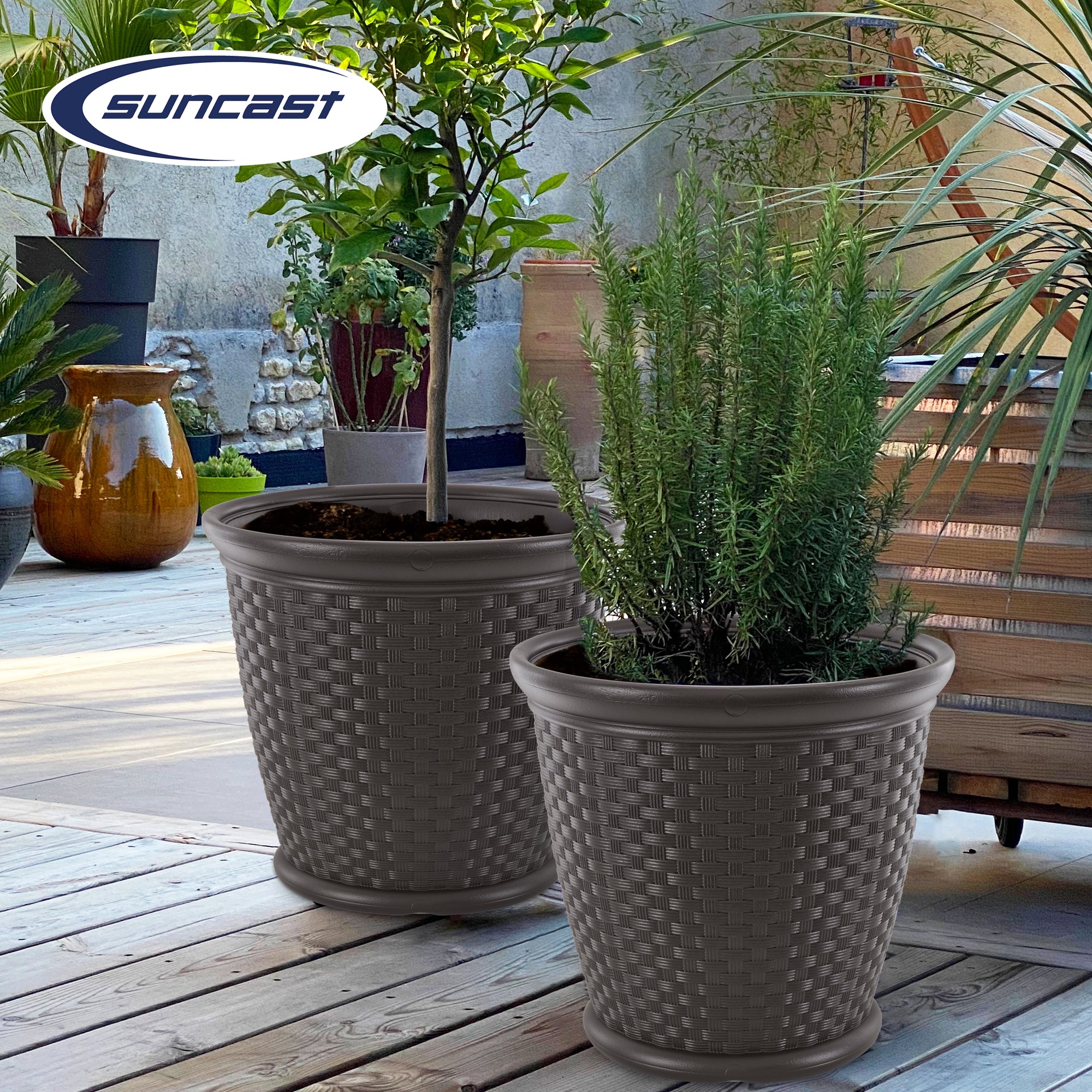 Suncast Sonora 22 Inch Resin Wicker Decorative Garden Planter, Java (2 Pack) - VMInnovations
