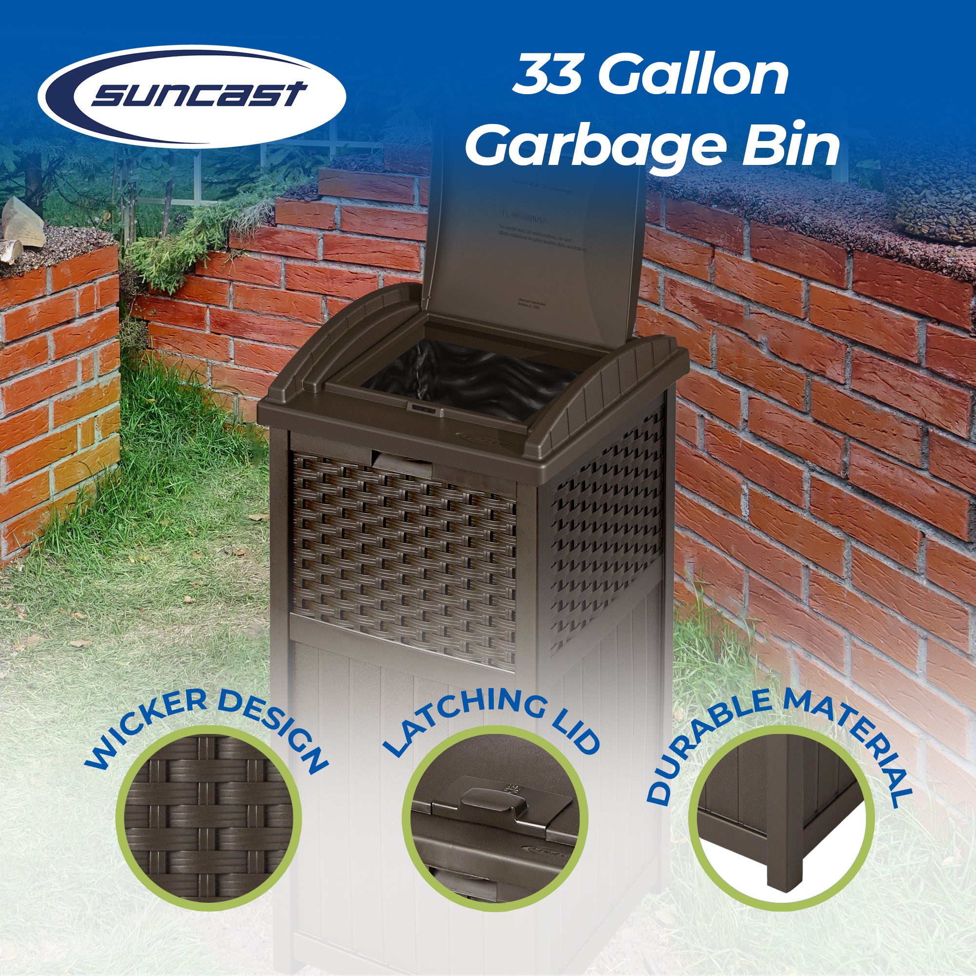 Suncast Trash Hideaway Outdoor Garbage & Outdoor Patio Storage Deck Box, Brown - VMInnovations