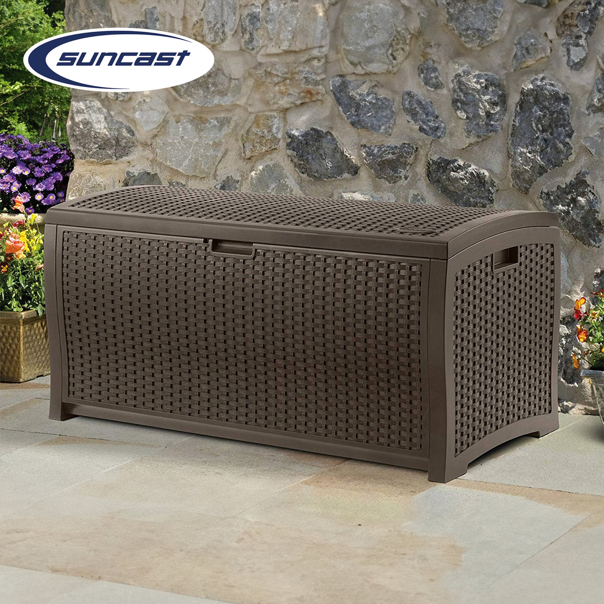 Suncast Trash Hideaway Outdoor Garbage & Outdoor Patio Storage Deck Box, Brown - VMInnovations