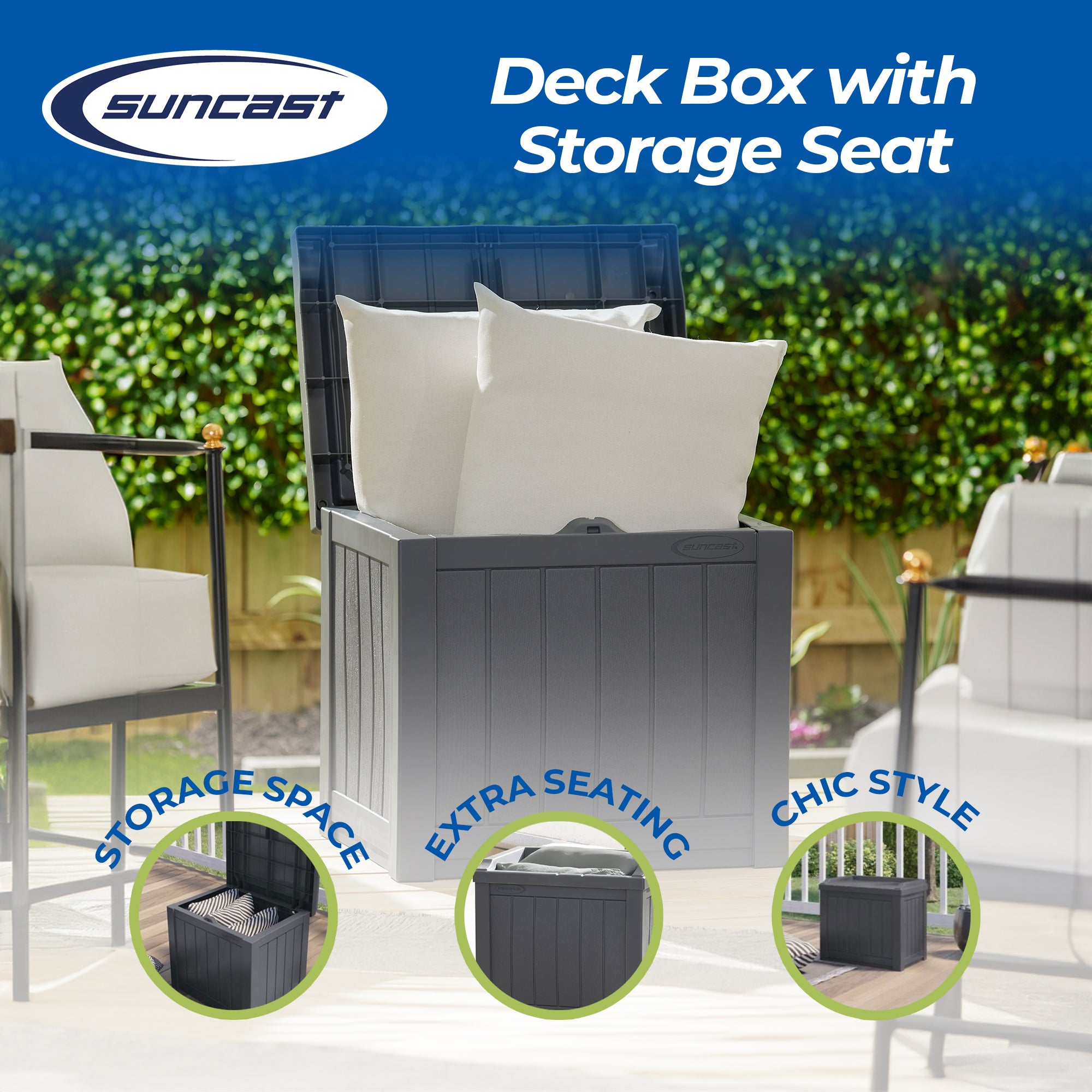 Suncast 22 Gal Outdoor Patio Small Deck Box w/Storage Seat, Cyberspace (2 Pack)